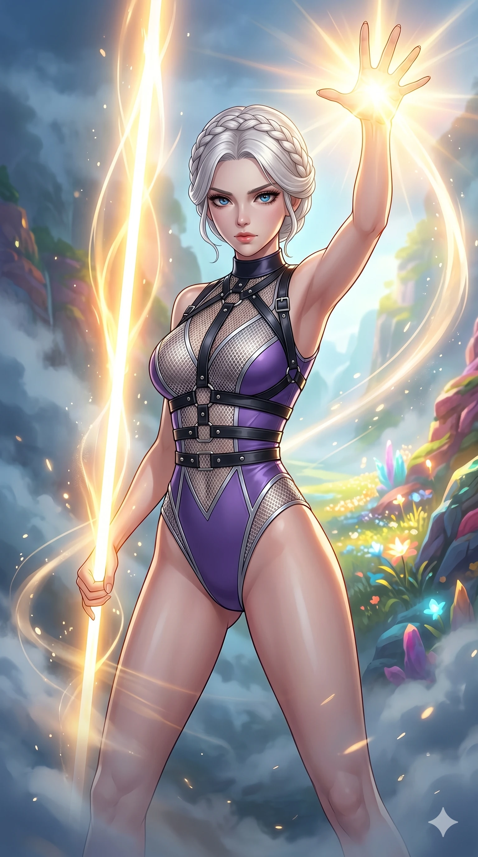 score_9, masterpiece, best quality, ultra-detailed, High-budget Anime Keyframe, beautiful Caucasian anime girl (strictly human ears). Upper body close-up from the thighs up, character filling the screen for maximum presence. Summoning a staff of light that clears the heavy fog in a mysterious misty valley at dawn. She has an absolutely perfect 8-heads proportion, an exceptionally tall and slender female figure with impossibly long slender legs and an ultra-slim waist. Sharp v-shaped jawline, high-bridge nose, intricate jewel-like eyes with depth, thick eyelashes, glossy lips with a natural sheen. Wearing a K-Idol Stage outfit: violet high-cut bodysuit with a leather harness and silver mesh details. Background is a bright and colorful valley with glowing flowers and vibrant morning light. 2k, ultra detail, master piece, 9:16 ratio