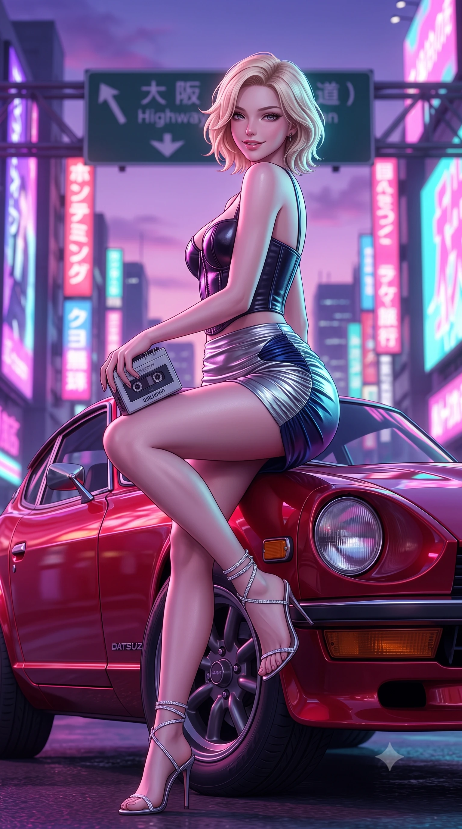 score_9, masterpiece, best quality, ultra-detailed, high-budget anime keyframe, semi-realistic 3D game render, editorial fashion photography, tasteful artistic composition, Caucasian woman. low angle full-body shot from head to toe showing her feet, filling the entire 9:16 vertical frame with her statuesque presence, stretching her vertical silhouette. executing a slow, graceful pivot turn as her skirt sways around her slender legs, glancing back with an enchanting, teasing sensual expression while perched casually on the hood of the classic sports car with legs crossed, holding a cassette player while flashing a confident, teasing smile. The background shows a soft-focus highway overhead gantry signage softened in high-octane retro city shallow focus. She has an absolutely perfect, statuesque 8.5-heads proportion, an exceptionally tall and slender model-like female figure with impossibly long slender legs, an ultra-slim waist, a flat toned midriff, narrow delicate ribcage, and beautifully sculpted feminine hips creating a graceful, slim hourglass silhouette without any bulky heaviness. sharp v-shaped jawline, high-bridge nose, sparkling eyes with hypnotic seductive depth, thick curled eyelashes, glossy parted lips with a natural dewy peach sheen, alluring bedroom-eyes with an enchanting coquettish smile, exuding magnetic siren charisma and sophisticated glamour, flawlessly proportioned anatomical accuracy, strict slender model proportions, natural body alignment, perfectly sculpted long slender limbs, ultra-slim waistline, clean dynamic posture without body distortion. wearing a structured boned leatherette corset top paired with an ultra-short ruched neon mini skirt in metallic liquid silver and deep sapphire navy, made of delicate semi-sheer Korean gossamer organza with subtle pearlescent glints, complemented by strappy stiletto sandals with crystal ankle wraps accentuating her slender calves, the glove-like clinging cut tightly following the natural contour of her hips and long slender legs with youthful 8.5-heads elegance. bathed in dynamic dual-tone neon lighting spilling from towering Japanese billboard displays. highly saturated vibrant anime colors, detailed shading with soft gradients, rich glossy textures, high-contrast stereoscopic depth, volumetric dynamic lighting, master piece, 9:16 ratio