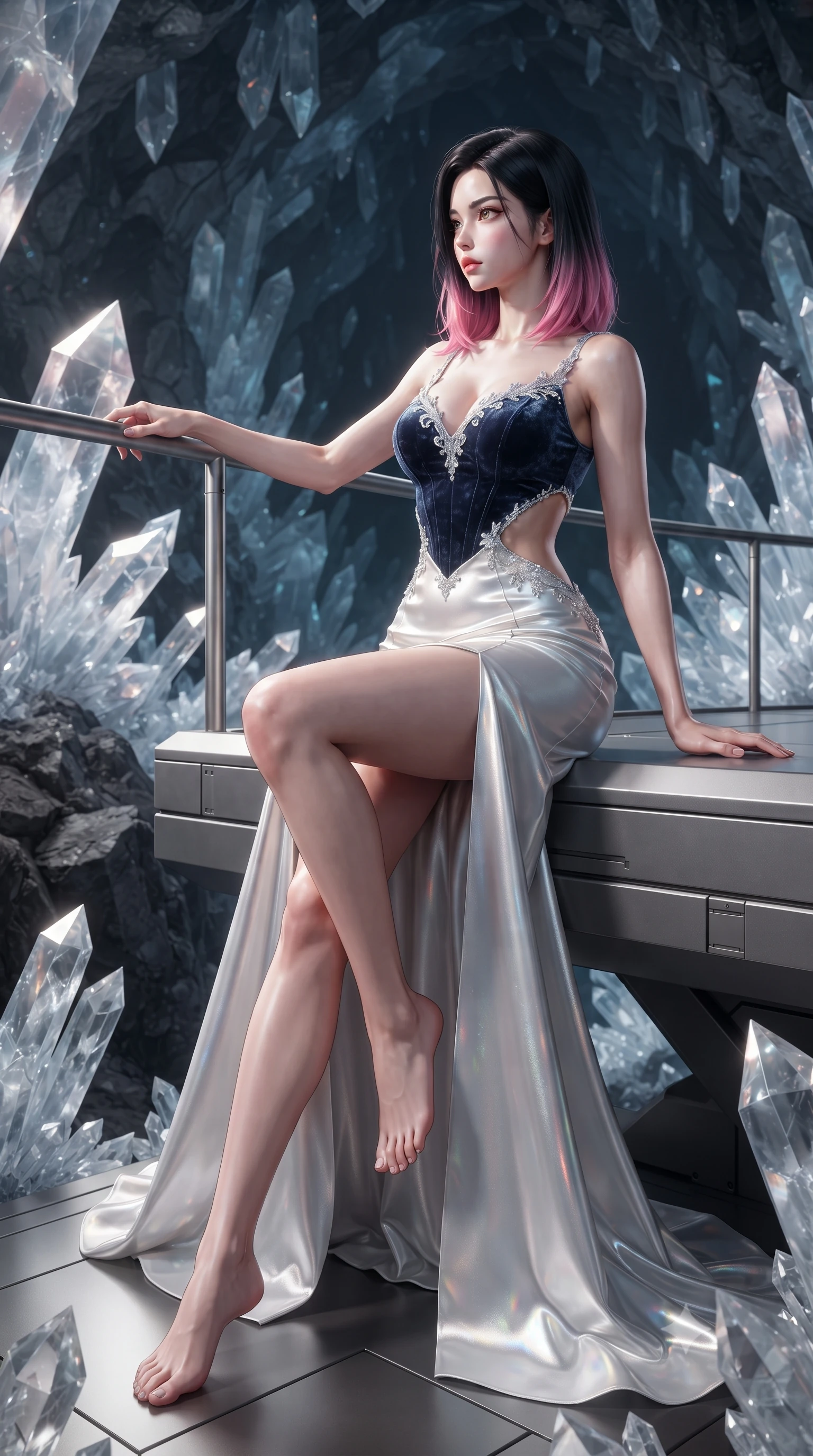 score_9, masterpiece, best quality, ultra-detailed, high-budget anime keyframe, editorial fashion photography, tasteful artistic composition, Korean woman. low angle full-body shot from head to toe showing her feet, filling the entire 9:16 vertical frame with her statuesque presence, stretching her vertical silhouette. sitting perched on the elevated edge with hips angled toward the camera and legs crossed, displaying her toned midriff and flawlessly sculpted slender limbs while leaning against a matte titanium inspection rail with hips cocked back, casting a cool, fearless bedroom-gaze into the subterranean crystal abyss. The surrounding environment is rendered in vivid detail and crisp panoramic clarity. sharp crystal facet cleavages, basalt rock fractures, and titanium gantry bolt seams in deep focus. She has an exceptionally tall and slender model-like 8.5-heads proportion, an ultra-slim waist, a flat toned midriff, narrow delicate ribcage, and beautifully sculpted feminine hips creating a graceful, slim hourglass silhouette without any bulky heaviness, with impossibly long slender legs. sharp v-shaped jawline, high-bridge nose, intricate jewel-like eyes with depth, thick eyelashes, glossy parted lips with a natural sheen, intensely captivating and seductive bedroom-eyes expression, flawlessly proportioned anatomical accuracy, strict slender model proportions, natural body alignment, perfectly sculpted long slender limbs, ultra-slim waistline, clean dynamic posture without body distortion. wearing a deep sweetheart neckline crushed velvet corseted ballgown with an exposed midriff cutout in shimmering silver mercury and pearl white, tailored from ultra-smooth duchess satin with a pearlescent sheen, finished with delicate crystal frost embroidery tracing the plunging neckline, the precision-cut side openings and low-back scoop framing her graceful spine and the sensual sweep of her slim, toned hips. illuminated by dazzling crystal facet reflections sharply defining her sculpted collarbones, ultra-slim waist, and curvy hips. ultra-reflective glossy finish, specular highlights, rich textural contrasts, high-contrast stereoscopic depth, volumetric dynamic lighting, 2k, ultra detail, master piece, 9:16 ratio