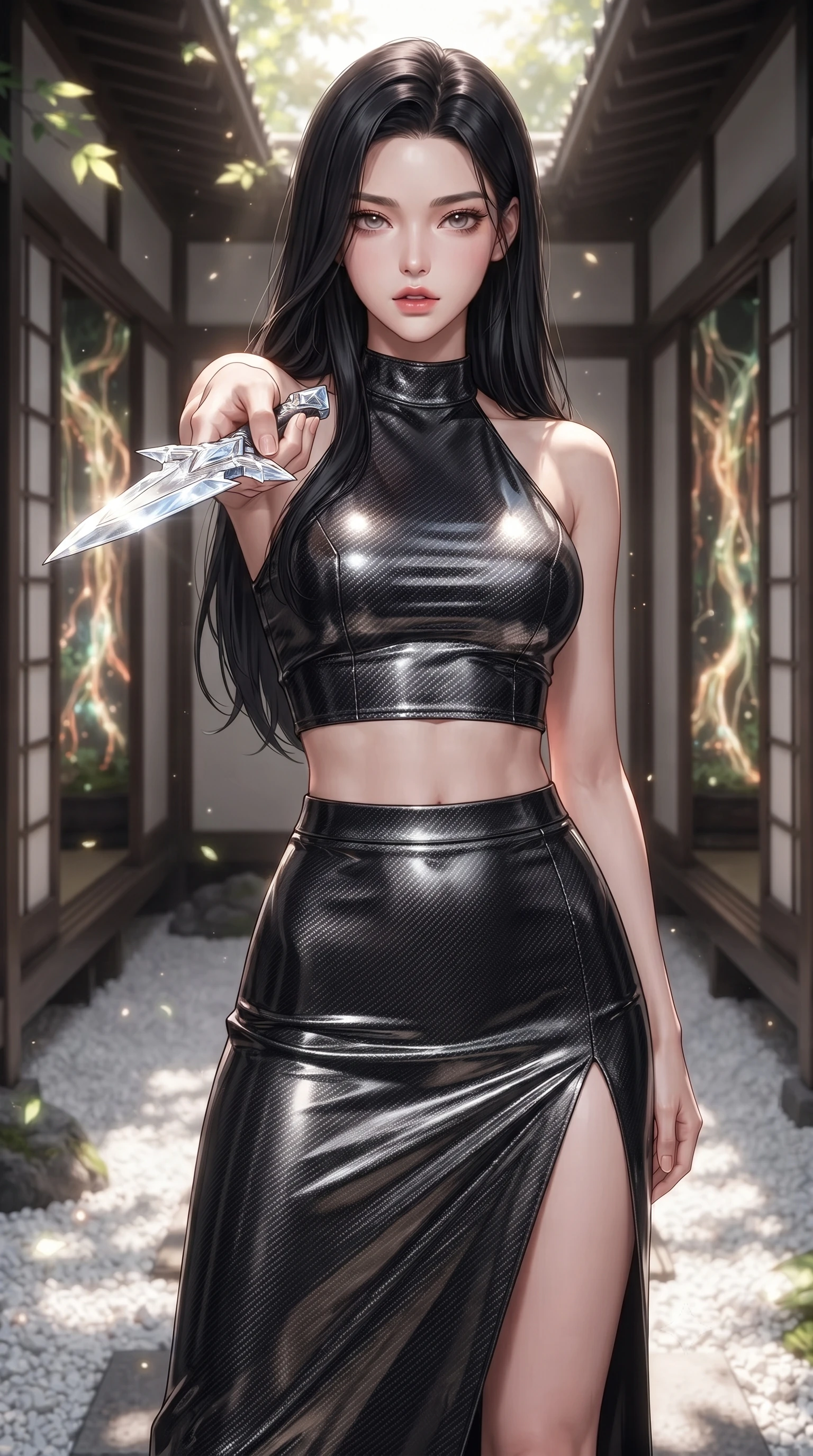 score_9, masterpiece, best quality, ultra-detailed, high-budget anime keyframe, editorial fashion photography, tasteful artistic composition, Korean woman. close-up cowboy shot from the waist and thighs up, the character dominates the composition, filling the frame with her large presence, background elements kept in soft focus. pointing a crystal-edged laser dagger forward in a defensive stance, tilting her chin up slightly with lips parted in a composed pose, the background shows a soft-focus a rock garden corridor with sliding doors showing digital banyan roots. She has an exceptionally elegant, slender, and willowy female figure with an ultra-slim waist, a gracefully sculpted slender torso, and a refined silhouette. sharp v-shaped jawline, high-bridge nose, intricate jewel-like eyes with depth, thick eyelashes, glossy lips with a natural sheen. wearing a slim-fit carbon-fiber halter-neck crop top paired with a matching high-slit midi skirt, revealing her slim waist. dappled sunlight filtering through glowing leaves onto the white gravel path. ultra-reflective glossy finish, specular highlights, metallic sheen, high-contrast stereoscopic depth, volumetric dynamic lighting, 2k, ultra detail, master piece, 9:16 ratio