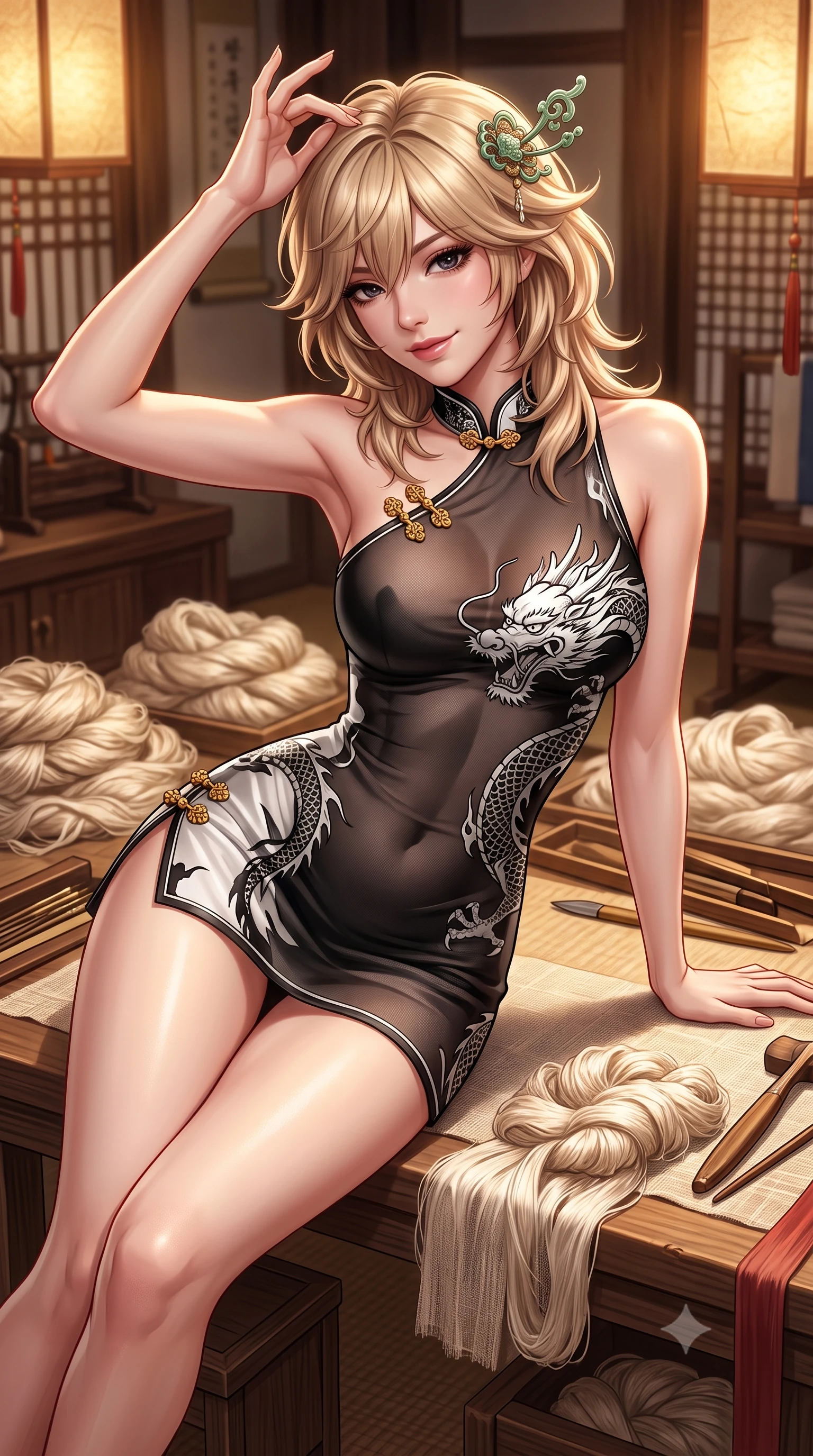 score_9, masterpiece, best quality, ultra-detailed, high-budget anime keyframe, semi-realistic 3D game render, editorial fashion photography, tasteful artistic composition, Japanese woman. close-up cowboy shot from the waist and thighs up, the character dominates the composition, filling the frame with her large presence. tilting her head with an alluring smile while arching her spine with dancer poise, one hand touching her ornate jade hairpin in a flirtatious S-curve while lounging gracefully across a low wooden workbench covered in raw silk fibers, her flat midriff and long slender limbs radiant in warm candlelight. The surrounding environment is rendered in vivid detail and crisp panoramic clarity: detailed linen and silk outfit weave, warm amber lantern sheen on skin, and traditional Korean workshop craft in high resolution. She has an exceptionally elegant, slender, and willowy female figure with an ultra-slim waist, flat toned midriff, narrow ribcage, and sculpted feminine hips creating an alluring, slim hourglass silhouette without bulk. sharp v-shaped jawline, high-bridge nose, intricate jewel-like dark sparkling almond eyes with depth, thick lashes, glossy parted lips with a natural rose-plum sheen, bright alluring and coquettish smile with bedroom-eyes, exuding both timeless oriental elegance and sovereign high-fashion allure, flawlessly proportioned anatomical accuracy, strict slender model proportions, natural body alignment, perfectly sculpted long slender limbs, ultra-slim waistline, clean dynamic posture without body distortion. wearing an asymmetric one-shoulder dragon-embroidered silk mini dress hugging her narrow waist and rounded feminine hips in stark monochrome black and white ink contrast, made of sheer technical micro-mesh with contouring shadow effects, accented with intricate gold frog buttons and a delicate mandarin collar, the liquid-tight tailored silk fabric clinging flawlessly to her narrow waist and rounded feminine hips, emphasizing every millimeter of her sculpted slim hourglass curves without any bulky heaviness. bathed in warm diffuse amber lantern light filtered through translucent mulberry paper. highly saturated vibrant anime colors, detailed shading with soft gradients, rich glossy textures, high-contrast stereoscopic depth, volumetric dynamic lighting, master piece, 9:16 ratio