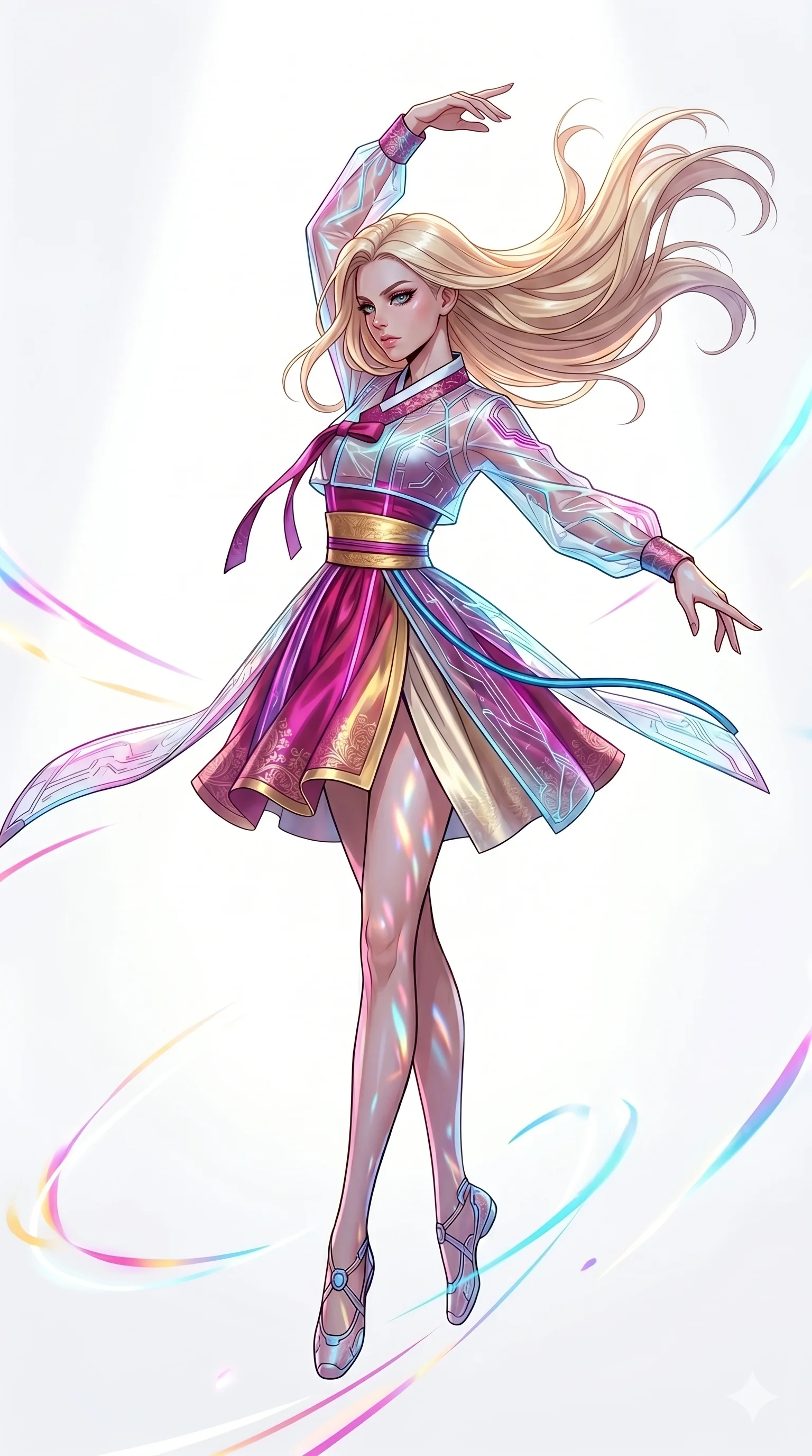 score_9, masterpiece, best quality, ultra-detailed, high-budget anime movie keyframe, cinematic anime lighting, intricate line art, Caucasian (strictly human ears) woman. Mid-air action shot capturing a graceful twist and vertical silhouette. performing a contemporary dance in a minimalist white void. She has an absolutely perfect 8-heads proportion, an exceptionally tall and slender female figure with an ultra-slim waist and impossibly long slender legs. strictly human anatomy, two legs only, no extra limbs, clearly defined legs and arms, perfect anatomy, perfect hands and fingers. sharp v-shaped jawline, high-bridge nose, intricate jewel-like eyes, thick eyelashes, glossy lips. Wearing Modern Traditional: Shortened cyber-hanbok with fusion silk robes and transparent panels. The scene is illuminated by dramatic atmospheric lighting and vibrant color palettes. , 2k, ultra detail, master piece, 9:16 ratio