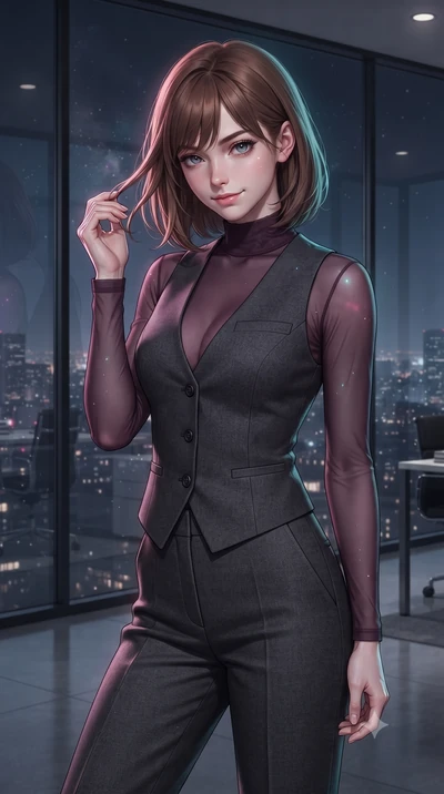 score_9, masterpiece, best quality, ultra-detailed, high-budget anime keyframe, editorial fashion photography, tasteful artistic composition, Caucasian woman, strictly human ears. close-up cowboy shot from the waist and thighs up, the character domin