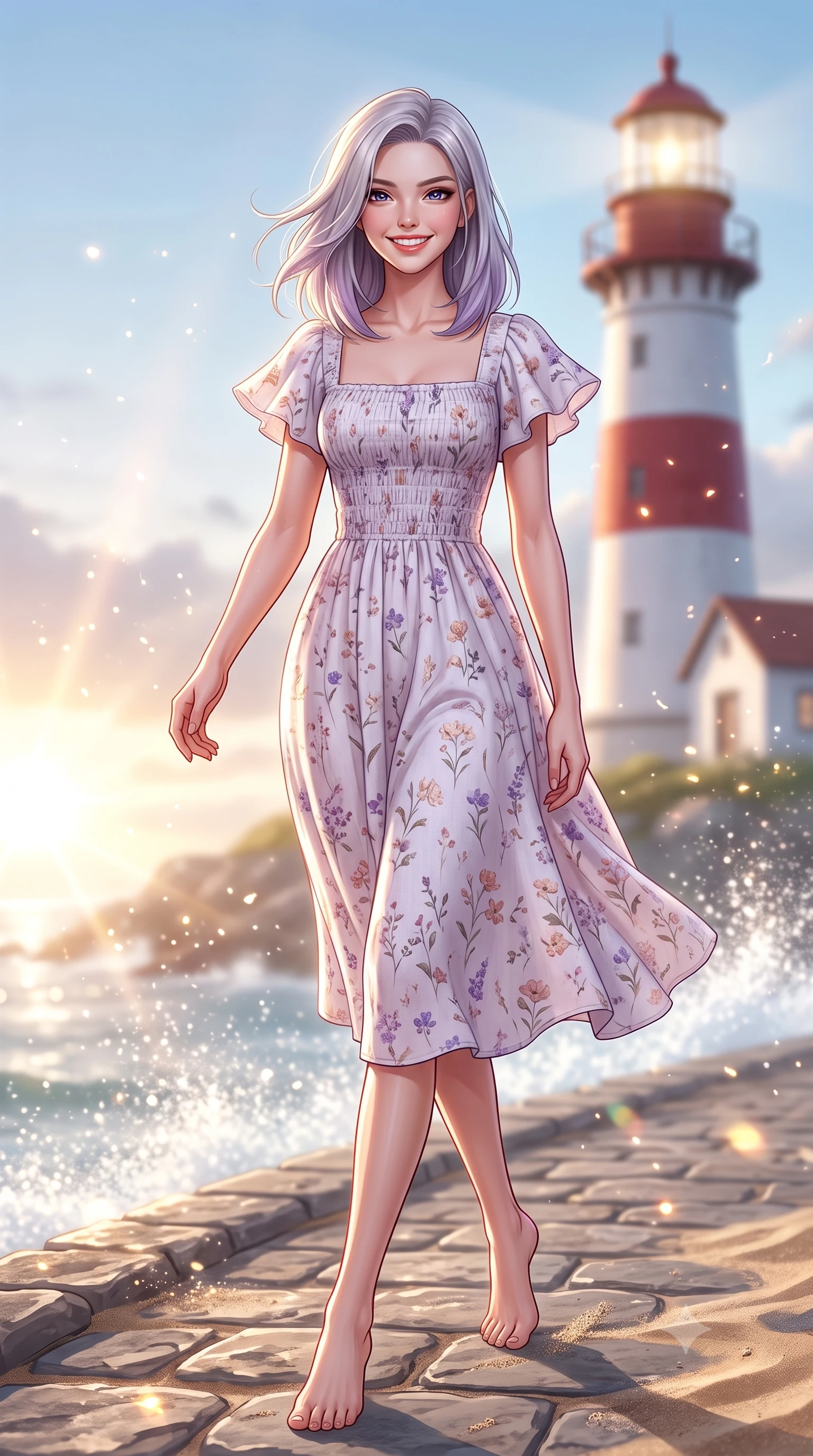 score_9, masterpiece, best quality, ultra-detailed, high-budget anime keyframe, semi-realistic 3D game render, editorial fashion photography, tasteful artistic composition, Caucasian woman. low angle full-body shot from head to toe showing her feet, filling the entire 9:16 vertical frame with her statuesque presence, stretching her vertical silhouette. walking forward in a cheerful, dynamic stride with a radiant beaming smile, her statuesque silhouette filling the frame while pausing near a charming coastal lighthouse, looking directly into the camera with twinkling, affectionate eyes. The composition keeps background elements in soft focus with creamy bokeh. warm beach sunlight refracting off ocean spray mist scattering shimmering light motes. She has an absolutely perfect, statuesque 8.5-heads proportion, an exceptionally tall and slender model-like female figure with impossibly long slender legs, a toned flat midriff, and an ultra-slim waist. sharp v-shaped jawline, high-bridge nose, intricate jewel-like eyes with depth, thick eyelashes, glossy lips with a natural sheen, pure and lovely fresh girlhood expression, flawlessly proportioned anatomical accuracy, strict slender model proportions, natural body alignment, perfectly sculpted long slender limbs, ultra-slim waistline, clean dynamic posture without body distortion. wearing a sweet square-neck smocked midi dress decorated with delicate wildflower patterns in subtle lilac violet and soft rose gold, crafted from soft breathable linen that flutters gently in the breeze, featuring elegant flutter sleeves and a graceful open collar, the body-hugging lightweight knit clinging delicately to her slender torso, accentuating her graceful neck and feminine lines. surrounded by a refreshing, breezy, and irresistibly vibrant coastal sweetheart aura. highly saturated vibrant anime colors, detailed shading with soft gradients, rich glossy textures, high-contrast stereoscopic depth, volumetric dynamic lighting, master piece, 9:16 ratio