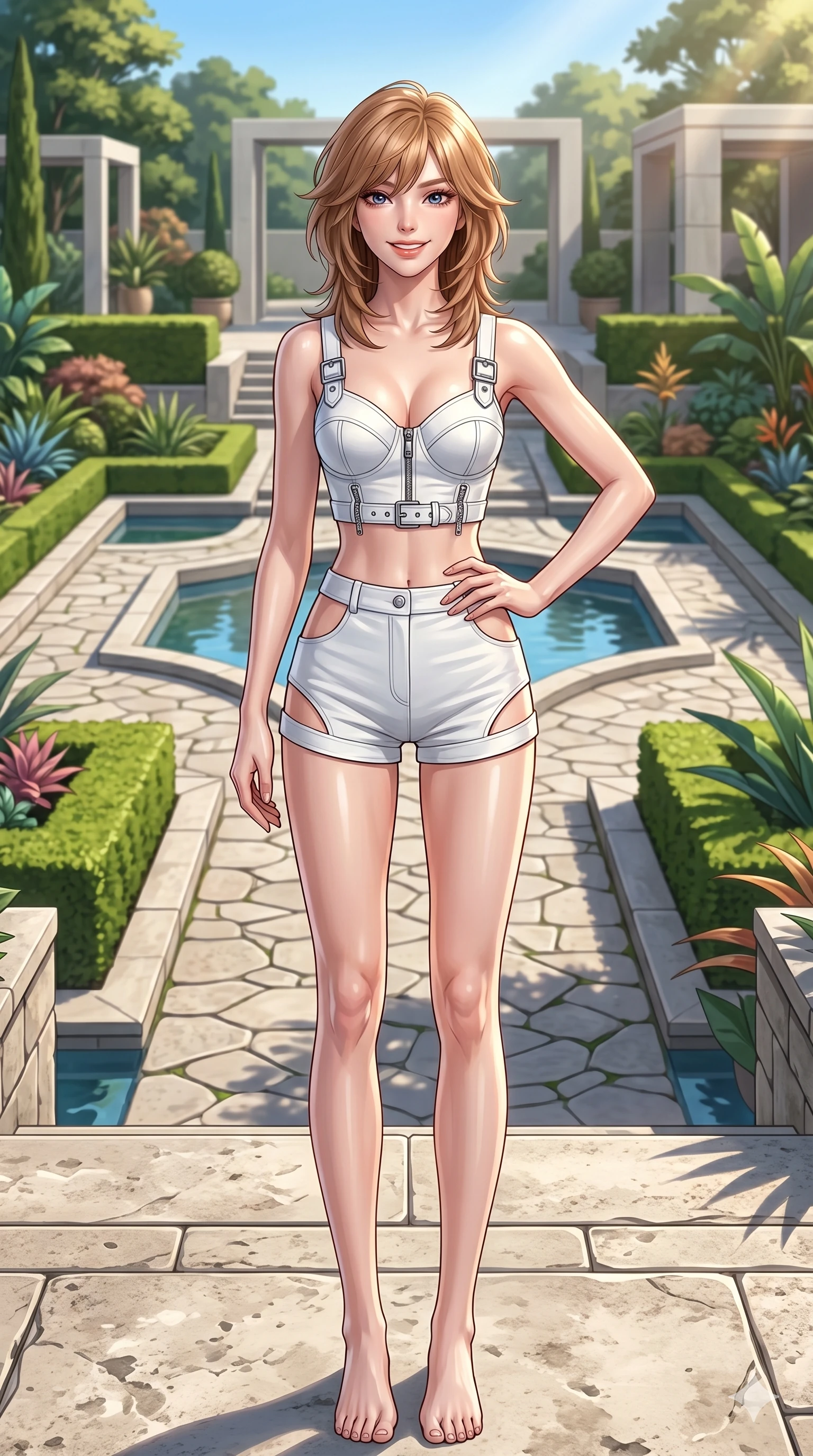 score_9, masterpiece, best quality, ultra-detailed, high-budget anime keyframe, editorial fashion photography, tasteful artistic composition, Korean woman. cowboy shot from the thighs up, character and outfit filling the frame for maximum editorial presence. posing confidently with one hand on her hip, smiling with bright self-assurance standing on a stone platform overlooking a sun-drenched architectural garden. She has an absolutely perfect 8-heads proportion, an exceptionally tall and slender female figure with impossibly long slender legs and an ultra-slim waist. V-shaped jawline, high-bridge nose, intricate jewel-like eyes with depth, thick eyelashes, glossy lips with a natural sheen. wearing a structured white crop top with chrome hardware and high-waisted shorts with side cuts. drenched in brilliant, direct midday sunlight that highlights her athletic build. 2k, ultra detail, master piece, 9:16 ratio