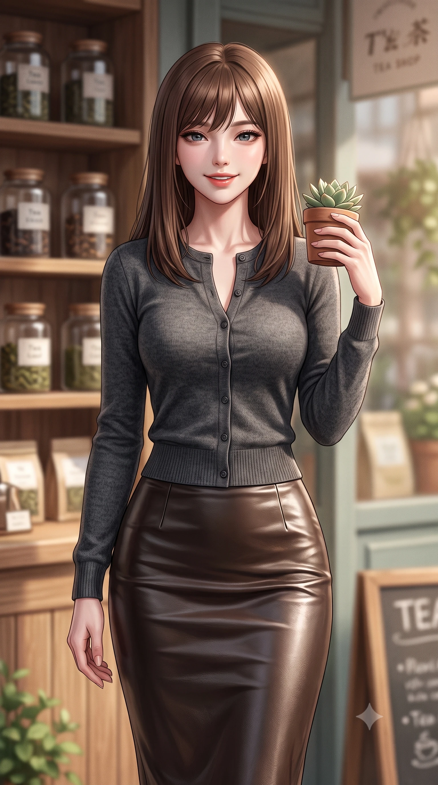 score_9, masterpiece, best quality, ultra-detailed, high-budget anime keyframe, editorial fashion photography, tasteful artistic composition, Korean woman. close-up cowboy shot from the waist and thighs up, the character dominates the composition, filling the frame with her large presence, background elements kept in soft focus. flashing a sweet yet sultry smile, holding her hand near her shoulder in a poised gesture set against a soft-focus background of outside a cozy tea shop with jars of tea leaves displayed on wooden shelves holding a small potted succulent with a delighted, cute expression. She has an exceptionally elegant, slender, and willowy female figure with an ultra-slim waist, a gracefully sculpted slender torso, and a refined silhouette. sharp v-shaped jawline, high-bridge nose, intricate jewel-like eyes with depth, thick eyelashes, glossy lips with a natural sheen. wearing slim-fit tight-fitting cashmere cardigan closed, paired with a sleek leather midi skirt. soft diffused daylight creating a warm, cozy and nostalgic atmosphere. ultra-reflective glossy finish, specular highlights, metallic sheen, high-contrast stereoscopic depth, volumetric dynamic lighting, 2k, ultra detail, master piece, 9:16 ratio