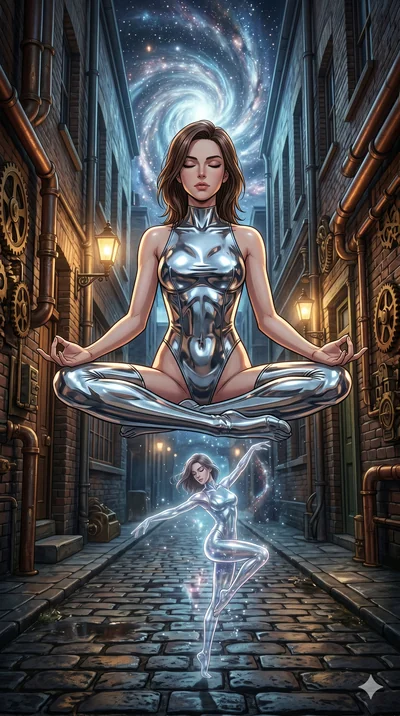 score_9, masterpiece, best quality, ultra-detailed, Set A: High-budget Anime Keyframe, Caucasian (human ears) woman. Low angle cowboy shot filling the entire 9:16 frame with her statuesque presence. Theme: Primal Nature. meditating in a steampunk Lon