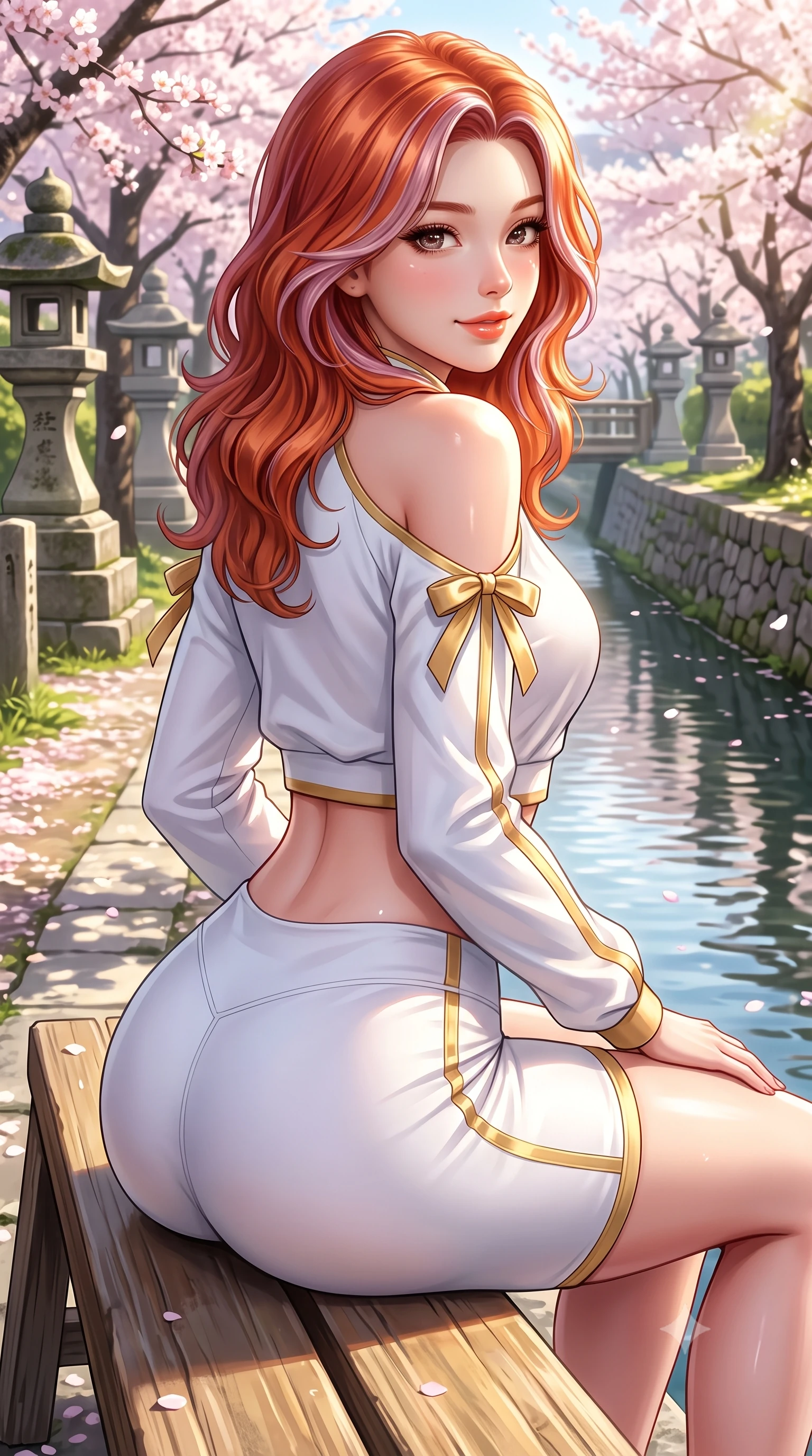 score_9, masterpiece, best quality, ultra-detailed, high-budget anime keyframe, semi-realistic 3D game render, editorial fashion photography, tasteful artistic composition, Caucasian woman. close-up cowboy shot from the waist and thighs up, the character dominates the composition, filling the frame with her large presence. posing in an alluring rear three-quarter angle, turning over a bare shoulder with an intoxicating cute smile, her hips cocked back to highlight her slim hourglass curve while sitting on a sunlit wooden bench beside the canal, her form-hugging outfit accentuating her narrow waist and curvy hips in the spring breeze. The surrounding environment is rendered in vivid detail and crisp panoramic clarity. detailed silk dress drape, soft sun glints on skin, and Philosopher's Path landscape clarity in high resolution. She has an exceptionally elegant, slender, and willowy female figure with an ultra-slim waist, flat toned midriff, narrow ribcage, and sculpted feminine hips creating an alluring, slim hourglass silhouette without bulk. sharp v-shaped jawline, high-bridge nose, intricate jewel-like sparkling eyes with depth, thick eyelashes, glossy parted lips with a natural peach sheen, bright cheerful beaming smile with an enchanting and coquettish sensual glint, exuding both youthful cute charm and seductive allure, flawlessly proportioned anatomical accuracy, strict slender model proportions, natural body alignment, perfectly sculpted long slender limbs, ultra-slim waistline, clean dynamic posture without body distortion. wearing a sporty chic zip-up crop jacket paired with high-waisted biker shorts clinging to her athletic hips in pure alabaster white and sun-kissed gold, tailored from crisp cotton poplin with clean structural lines, finished with cute satin bow ribbons tying at the shoulders, the form-contouring cut accentuating her sculpted flat midriff, narrow delicate ribcage, and gracefully curvy hips with supermodel precision. illuminated by calm water reflections sharply sculpting her sculpted cheekbones, ultra-slim waist, and curvy hips. highly saturated vibrant anime colors, detailed shading with soft gradients, rich glossy textures, high-contrast stereoscopic depth, volumetric dynamic lighting, master piece, 9:16 ratio