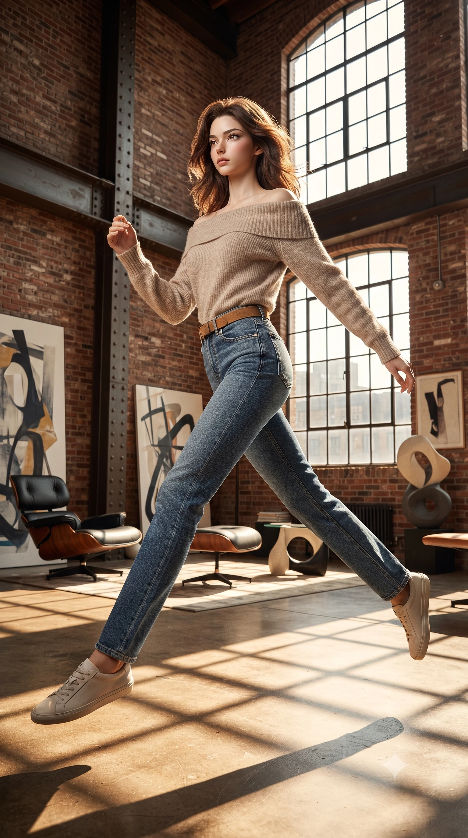 score_9, masterpiece, best quality, ultra-detailed, high-budget anime keyframe, editorial fashion photography, tasteful artistic composition, Korean woman. low angle full-body shot from head to toe showing her feet, filling the entire 9:16 vertical frame with her statuesque presence, stretching her vertical silhouette. leaping gracefully through a raw industrial space with exposed red brick walls riveted steel I-beams massive factory windows and polished concrete floors converted into a luxury living space with designer furniture and contemporary art. She has a statuesque 8.5-heads proportion, an exceptionally tall, slender and willowy model-like build with impossibly long legs and a highly sculpted ultra-slim waist. sharp v-shaped jawline, high-bridge nose, intricate jewel-like eyes with depth, thick eyelashes, glossy lips with a natural sheen. wearing an oatmeal cashmere off-shoulder knit sweater layered over high-waisted raw blue denim and a camel suede belt. strong directional afternoon light streaming through the massive multi-pane factory windows creating bold geometric shadow patterns on brick and concrete with warm industrial ambiance. 2k, ultra detail, master piece, 9:16 ratio