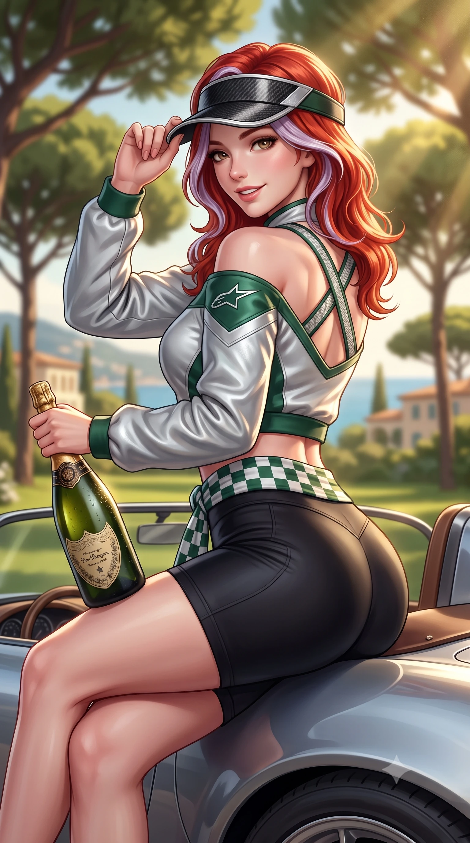 score_9, masterpiece, best quality, ultra-detailed, high-budget anime keyframe, semi-realistic 3D game render, editorial fashion photography, tasteful artistic composition, Caucasian woman. close-up cowboy shot from the waist and thighs up, the character dominates the composition, filling the frame with her large presence. tilting her head with a cute beaming smile while arching her spine with athletic poise, one hand adjusting her racing visor in a flirtatious S-curve while sitting perched on the speedster's low rear deck with legs crossed, holding a bottle of chilled champagne with vintage Riviera glamour. The background shows a soft-focus soaring umbrella pine canopies, sunlit Mediterranean polo lawns, and coastal villas blurred into olive green, champagne, and azure bokeh. She has an exceptionally elegant, slender, and willowy female figure with an ultra-slim waist, flat toned midriff, narrow ribcage, and sculpted feminine hips creating an alluring, slim hourglass silhouette without bulk. sharp v-shaped jawline, high-bridge nose, sparkling eyes with athletic focus and depth, thick curled eyelashes, glossy parted lips with a natural coral-peach sheen, bright confident and coquettish smile with alluring bedroom-eyes, exuding both youthful sporty vigor and sovereign high-society glamour, flawlessly proportioned anatomical accuracy, strict slender model proportions, natural body alignment, perfectly sculpted long slender limbs, ultra-slim waistline, clean dynamic posture without body distortion. wearing an asymmetric off-shoulder cropped windbreaker jacket paired with tight high-waisted biker shorts and a checkered waist sash in alpine silver platinum and forest green, crafted from supple buttery lambskin racing leather with a satin sheen, finished with criss-cross back athletic straps highlighting her graceful shoulder blades, the high-waisted wrap tailoring accentuating her ultra-slim waistline and the enchanting curve of her feminine hips with alluring sporty charm. bathed in horizontal late-afternoon golden hour sunbeams filtering through pine needles. highly saturated vibrant anime colors, detailed shading with soft gradients, rich glossy textures, high-contrast stereoscopic depth, volumetric dynamic lighting, master piece, 9:16 ratio
