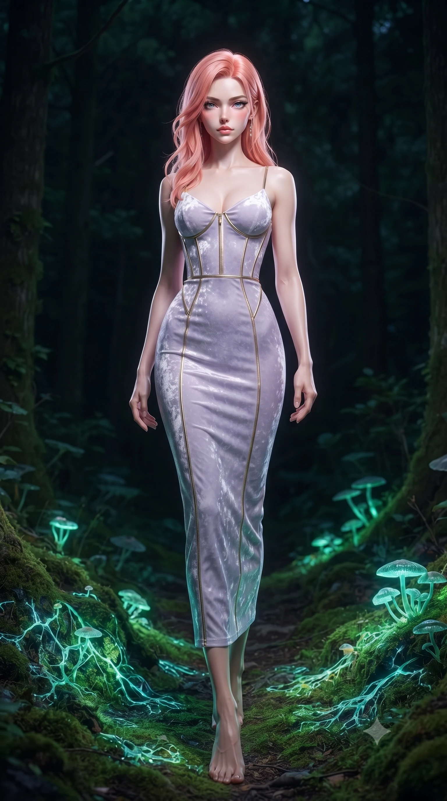 score_9, masterpiece, best quality, ultra-detailed, high-budget anime keyframe, editorial fashion photography, tasteful artistic composition, Japanese woman. low angle full-body shot from head to toe showing her feet, filling the entire 9:16 vertical frame with her statuesque presence, stretching her vertical silhouette. leaping dynamically through the luminous sky, her posture full of power and elegance, walking along a mossy path lit by glowing emerald and cyan fungal networks, deep forest shadow background providing intense subject isolation. She has an absolutely perfect, statuesque 8.5-heads proportion, an exceptionally tall and slender model-like female figure with impossibly long slender legs and an ultra-slim waist. sharp v-shaped jawline, high-bridge nose, intricate jewel-like eyes with depth, thick eyelashes, glossy lips with a natural sheen. wearing form-contouring liquid silver jersey long slip dress in pastel lavender violet, made of crushed white silk velvet, finished with metallic gold boning and sleek zipper points, the fitted fabric emphasizing her ultra-slim waist. surrounded by a gentle glowing forest aura with soft rim highlights. ultra-reflective glossy finish, specular highlights, metallic sheen, high-contrast stereoscopic depth, volumetric dynamic lighting, 2k, ultra detail, master piece, 9:16 ratio