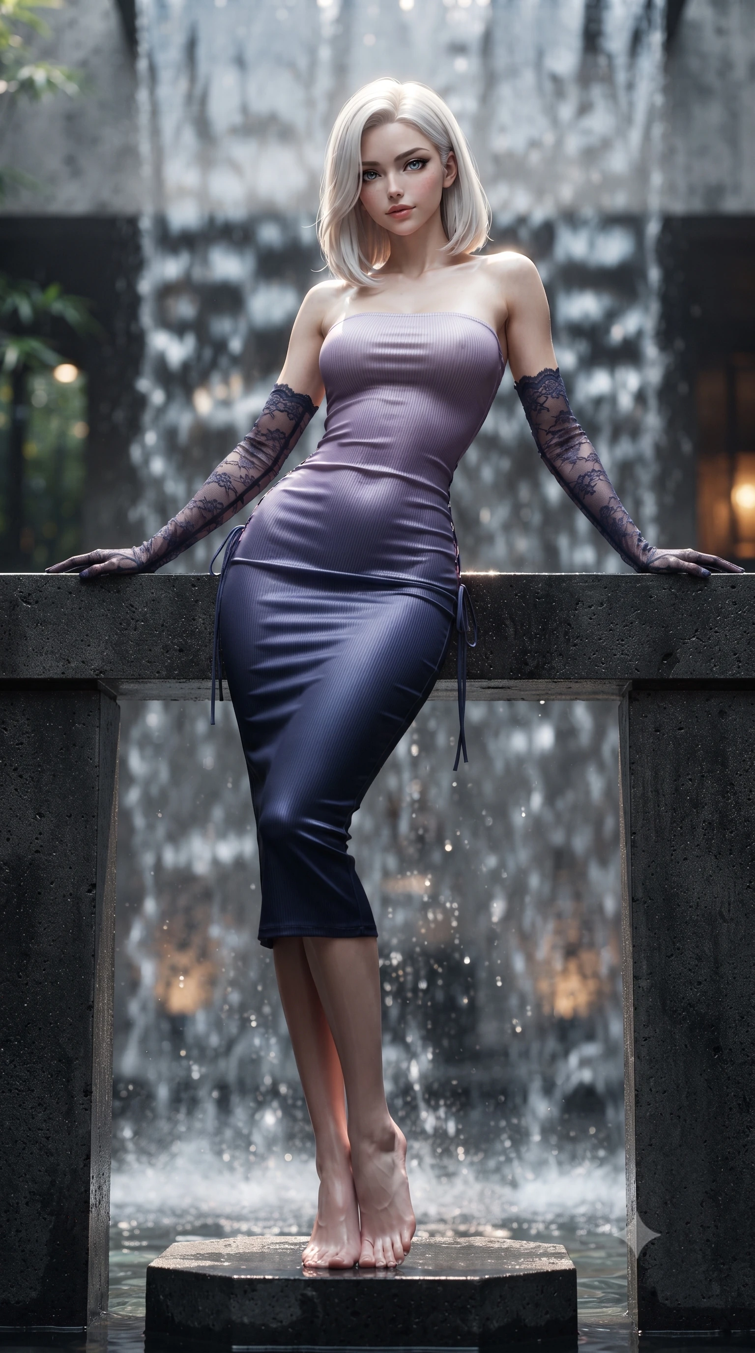 score_9, masterpiece, best quality, ultra-detailed, high-budget anime keyframe, editorial fashion photography, tasteful artistic composition, Caucasian woman. low angle full-body shot from head to toe showing her feet, filling the entire 9:16 vertical frame with her statuesque presence, stretching her vertical silhouette. leaning deep against the balcony balustrade with hips cocked back in an unapologetically alluring high-fashion stance, casting an intoxicating glance while standing poised on a floating charcoal concrete monolith with water sheeting behind her, arching her back with dramatic architectural allure. The background shows a soft-focus cascading sheets of water over textured charcoal concrete, illuminated plunge pool ripples, and minimalist bamboo groves blurred into charcoal, aquamarine, and amber bokeh. She has an absolutely perfect, statuesque 8.5-heads proportion, an exceptionally tall and slender model-like female figure with impossibly long slender legs, an ultra-slim waist, a flat toned midriff, narrow delicate ribcage, and beautifully sculpted feminine hips creating a graceful, slim hourglass silhouette without any bulky heaviness. sharp v-shaped jawline, high-bridge nose, sparkling eyes with hypnotic seductive depth, thick curled eyelashes, glossy parted lips with a natural dewy peach sheen, alluring bedroom-eyes with an enchanting coquettish smile, exuding magnetic siren charisma and sophisticated glamour, flawlessly proportioned anatomical accuracy, strict slender model proportions, natural body alignment, perfectly sculpted long slender limbs, ultra-slim waistline, clean dynamic posture without body distortion. wearing a form-contouring ribbed knit tube dress with subtle side-lace ties tracing the curve of her hips in twilight lavender and midnight indigo, crafted from fluid liquid silk satin that clings smoothly to every curve with a dewy sheen, complemented by sheer opera-length lace evening gloves tracing her slender arms, the liquid-tight tailored fabric clinging flawlessly to her narrow waist and rounded feminine hips, emphasizing every millimeter of her sculpted slim hourglass curves without any bulky heaviness. illuminated by basin reflection bounce and sharp white-gold rim lights sculpting her jawline, flat midriff, and voluptuous hip curves. ultra-reflective glossy finish, specular highlights, rich textural contrasts, high-contrast stereoscopic depth, volumetric dynamic lighting, 2k, ultra detail, master piece, 9:16 ratio