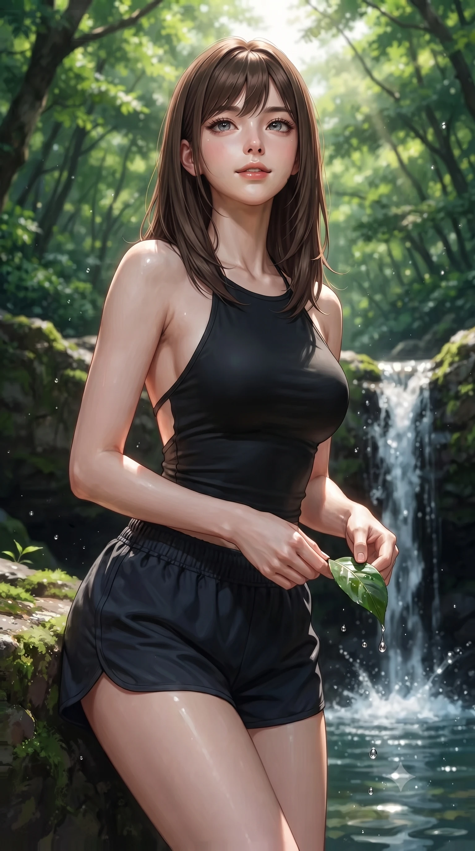 score_9, masterpiece, best quality, ultra-detailed, high-budget anime keyframe, editorial fashion photography, tasteful artistic composition, Korean woman. close-up cowboy shot from the waist and thighs up, the character dominates the composition, filling the frame with her large presence, background elements kept in soft focus. tilting her chin up with a composed yet magnetic gaze under long dark eyelashes set against a soft-focus background of near a beautiful forest waterfall with clean water splashing into a pool holding a smooth green leaf with a happy, refreshed expression. She has an exceptionally elegant, slender, and willowy female figure with an ultra-slim waist, a gracefully sculpted slender torso, and a refined silhouette. sharp v-shaped jawline, high-bridge nose, intricate jewel-like eyes with depth, thick eyelashes, glossy lips with a natural sheen. wearing slim-fit backless activewear halter top in black, paired with sporty shorts. dappled sunbeams filtering through the dense green forest canopy. ultra-reflective glossy finish, specular highlights, metallic sheen, high-contrast stereoscopic depth, volumetric dynamic lighting, 2k, ultra detail, master piece, 9:16 ratio