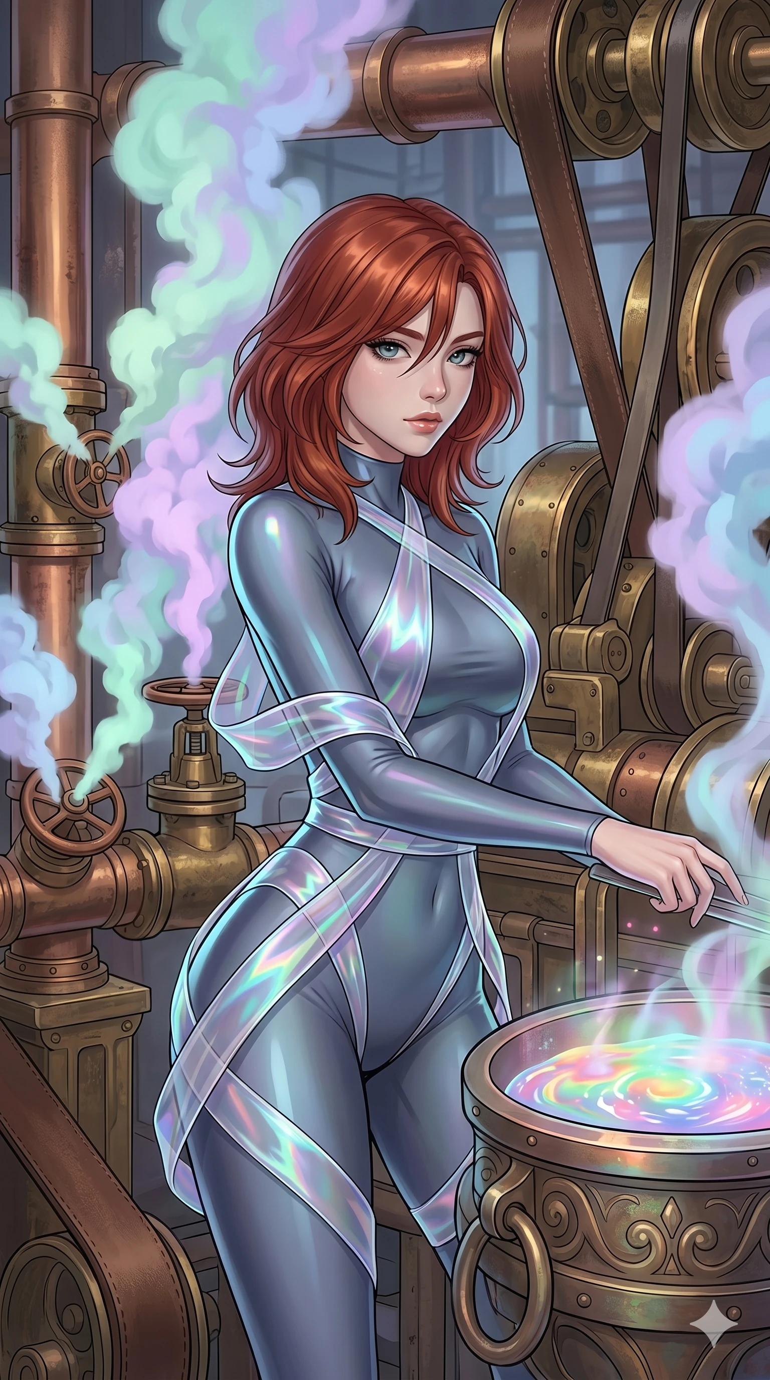 score_9, masterpiece, best quality, ultra-detailed, high-budget anime keyframe, Korean woman. upper body close-up from the thighs up, character filling the screen for maximum presence. operating a steampunk aurora foundry surrounded by massive copper pipes and leather belts, where pastel aurora gas billows from valves and liquid rainbow energy boils in a crucible. She has an absolutely perfect 8-heads proportion, an exceptionally tall and slender female figure with impossibly long slender legs and an ultra-slim waist. V-shaped jawline, high-bridge nose, intricate jewel-like eyes with depth, thick eyelashes, glossy lips with a natural sheen.. wearing a cybernetic bodysuit with a holographic ribbon, featuring a skin-tight contouring bodysuit wrapped in a translucent flowing holographic organza ribbon. lit by a soft glowing ambient light and a sharp side key light that traces the sleek contours of her athletic build. 2k, ultra detail, master piece, 9:16 ratio