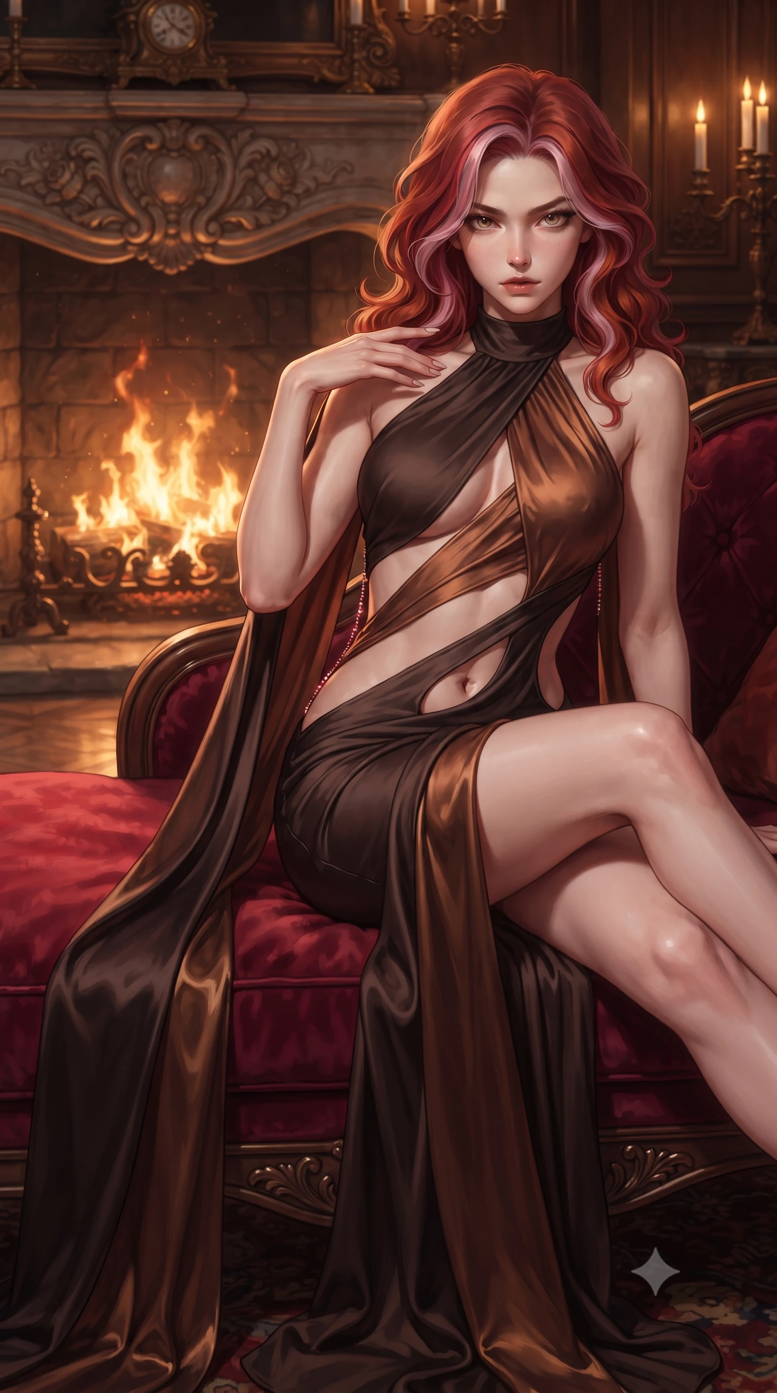 score_9, masterpiece, best quality, ultra-detailed, high-budget anime keyframe, editorial fashion photography, tasteful artistic composition, Caucasian woman. close-up cowboy shot from the waist and thighs up, the character dominates the composition, filling the frame with her large presence. resting one manicured hand delicately on her bare collarbone, her upper body twisting in a fluid, voluptuous yet slender curve while reclining back into a plush crimson velvet chaise lounge before a roaring stone fireplace, one knee drawn up in seductive ease. The surrounding environment is rendered in vivid detail and crisp panoramic clarity. detailed baroque fireplace carvings, velvet fabric pile sheen, and dancing flame reflections in high clarity. She has an exceptionally elegant, slender, and willowy female figure with an ultra-slim waist, a gracefully sculpted slender torso, toned flat midriff, and a refined slim silhouette. sharp v-shaped jawline, high-bridge nose, intricate jewel-like eyes with depth, thick eyelashes, glossy parted lips with a natural sheen, intensely captivating and seductive expression, flawlessly proportioned anatomical accuracy, strict slender model proportions, natural body alignment, perfectly sculpted long slender limbs, ultra-slim waistline, clean dynamic posture without body distortion. wearing a gothic siren halter-neck dress with dramatic diagonal torso cutouts and a trailing floor-length silk cape in shadowy espresso brown and molten bronze, made of fluid silk crepe with delicate inner corsetry boning, accented with a glittering ruby back chain tracing her bare spine, the liquid-tight tailored fabric emphasizing every curve of her tall, slender model proportions and sculptured silhouette during dynamic movement. bathed in roaring fireplace amber warmth and soft candelabra glow. ultra-reflective glossy finish, specular highlights, rich textural contrasts, high-contrast stereoscopic depth, volumetric dynamic lighting, 2k, ultra detail, master piece, 9:16 ratio