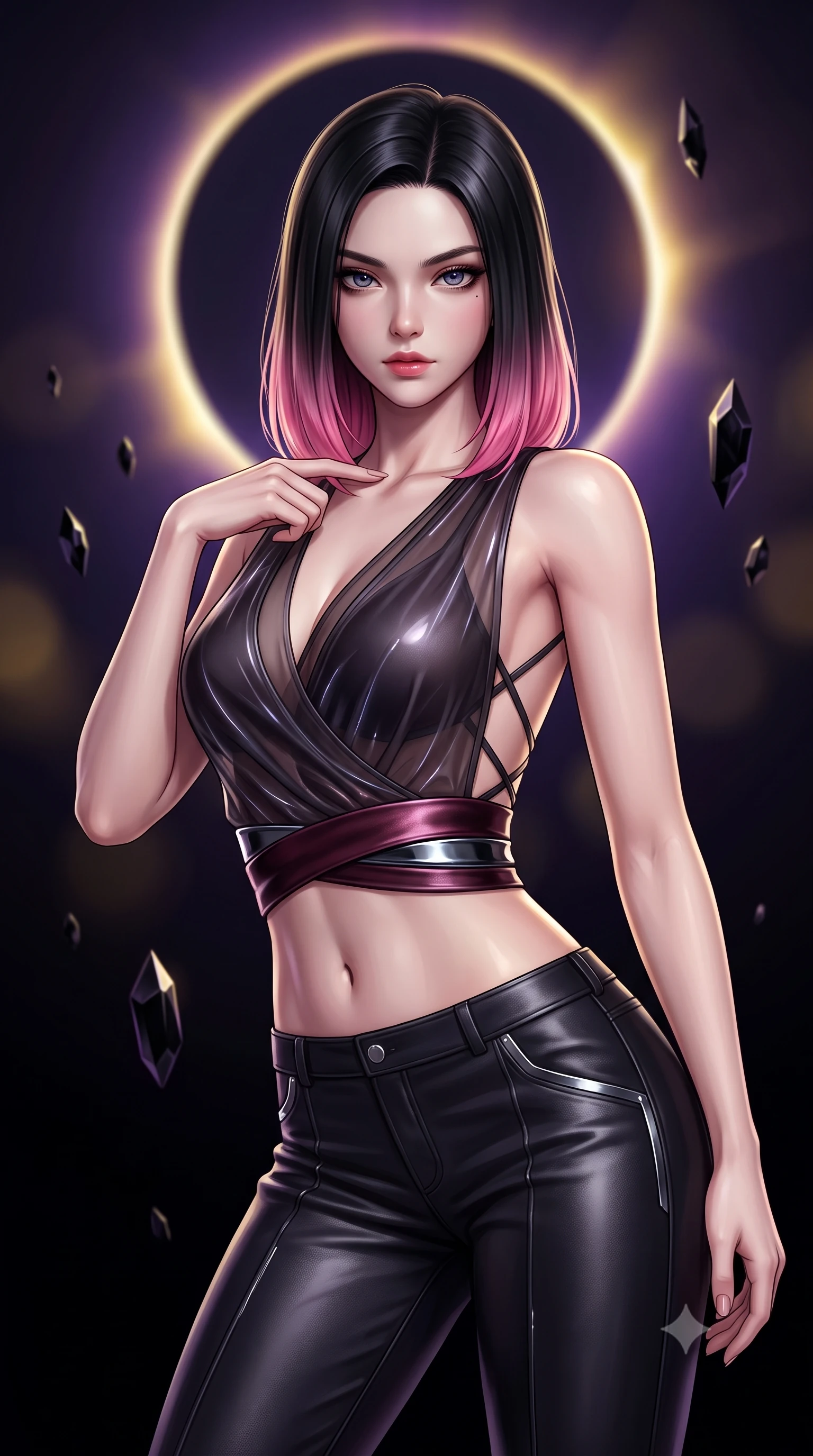 score_9, masterpiece, best quality, ultra-detailed, high-budget anime keyframe, semi-realistic 3D game render, editorial fashion photography, tasteful artistic composition, Korean woman. close-up cowboy shot from the waist and thighs up, the character dominates the composition, filling the frame with her large presence. leaning forward with a dangerous, enticing smolder, trailing one finger slowly along her bare collarbone while casting a fiery, magnetic direct gaze while arching her spine in a powerful yet enticing stance as the eclipsed solar corona casts a sharp golden-violet halo. The composition keeps background elements in soft focus with creamy bokeh. eclipsed sun corona ring and hovering black crystals blurred into deep violet, gold, and pitch-black bokeh. She has an exceptionally elegant, slender, and willowy female figure with an ultra-slim waist, a gracefully sculpted slender torso, toned flat midriff, and a refined slim silhouette. sharp v-shaped jawline, high-bridge nose, intricate jewel-like eyes with depth, thick eyelashes, glossy lips with a natural sheen, flawlessly proportioned anatomical accuracy, strict slender model proportions, natural body alignment, perfectly sculpted long slender limbs, ultra-slim waistline, clean dynamic posture without body distortion. wearing a shortened dark gothic-fusion wrap top with transparent chiffon panels, a deep crossover neckline, and a metallic waist sash in deep burgundy wine and specular dark chrome, tailored from semi-translucent dark cybernetic vinyl with subtle glowing micro-filaments, complemented by criss-cross back straps highlighting her completely bare spine, the sleek second-skin cut tightly hugging her graceful clavicle, narrow waist, and feminine curves with athletic precision. surrounded by an awe-inspiring, forbidden, and intensely provocative dark-goddess aura. rich saturated anime colors with deep moody shadows, detailed chiaroscuro shading with soft gradients, rich glossy textures, high-contrast stereoscopic depth, volumetric dynamic shadow lighting, master piece, 9:16 ratio