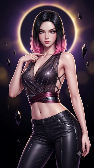 score_9, masterpiece, best quality, ultra-detailed, high-budget anime keyframe, semi-realistic 3D game render, editorial fashion photography, tasteful artistic composition, Korean woman. close-up cowboy shot from the waist and thighs up, the characte