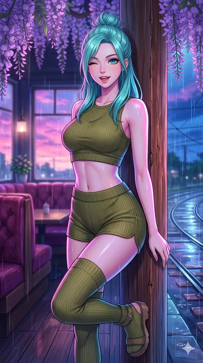 score_9, masterpiece, best quality, ultra-detailed, high-budget anime keyframe, vibrant anime aesthetic, Japanese woman. close-up cowboy shot from the waist and thighs up, the character dominates the composition, filling the frame with her large pres