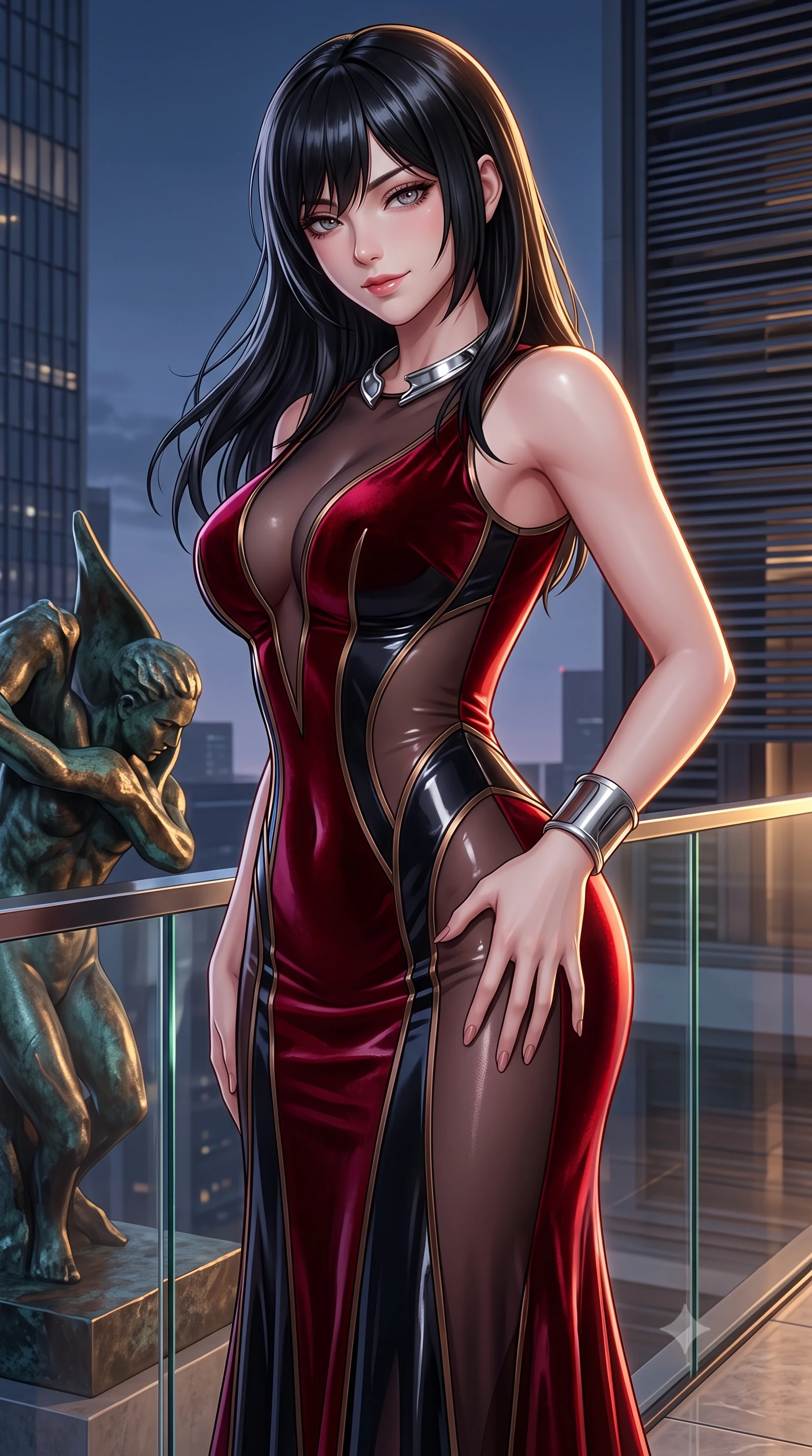 score_9, masterpiece, best quality, ultra-detailed, high-budget anime keyframe, semi-realistic 3D game render, editorial fashion photography, tasteful artistic composition, Caucasian woman. close-up cowboy shot from the waist and thighs up, the character dominates the composition, filling the frame with her large presence. tilting her head with a teasing half-smile, running one hand slowly down the side of her hip in a flirtatious S-curve as ambient light caresses her silhouette while twisting her slender torso in an alluring S-curve, evening breezes molding her form-fitting dress to her long slender legs and curvy hips. The surrounding environment is rendered in vivid detail and crisp panoramic clarity: sharp bronze sculpture patina textures, glass guardrail edge bevels, and distant skyscraper architectural louvers in deep focus. She has an exceptionally elegant, slender, and willowy female figure with an ultra-slim waist, flat toned midriff, narrow ribcage, and sculpted feminine hips creating an alluring, slim hourglass silhouette without bulk. sharp v-shaped jawline, high-bridge nose, sparkling eyes with hypnotic seductive depth, thick curled eyelashes, glossy parted lips with a natural dewy peach sheen, alluring bedroom-eyes with an enchanting coquettish smile, exuding magnetic siren charisma and sophisticated glamour, flawlessly proportioned anatomical accuracy, strict slender model proportions, natural body alignment, perfectly sculpted long slender limbs, ultra-slim waistline, clean dynamic posture without body distortion. wearing a provocative sheer illusion mesh vampire gown with liquid satin ribbons contouring her hourglass curves in deep blood-red velvet and midnight obsidian black with antique bronze trims, crafted from wet-look high-gloss vinyl fabric with dazzling specular surface reflections, finished with a sculptural silver torque collar and a matching wide architectural wrist cuff, the liquid-tight tailored fabric clinging flawlessly to her narrow waist and rounded feminine hips, emphasizing every millimeter of her sculpted slim hourglass curves without any bulky heaviness. illuminated by glass balustrade reflections and sharp warm-gold rim lights defining her razor-sharp jawline, narrow waist, and curvy hips. highly saturated vibrant anime colors, detailed shading with soft gradients, rich glossy textures, high-contrast stereoscopic depth, volumetric dynamic lighting, master piece, 9:16 ratio