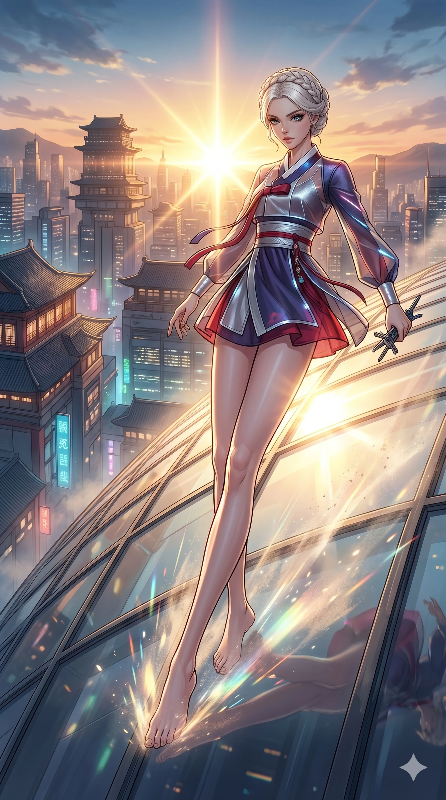 score_9, masterpiece, best quality, ultra-detailed, high-budget anime movie keyframe, cinematic anime lighting, intricate line art, Japanese woman. Dynamic full-body shot stretching the vertical silhouette with extreme perspective. sliding down a glass roof as the sun creates a blinding glare. She has an absolutely perfect 8-heads proportion, an exceptionally tall and slender female figure with an ultra-slim waist and impossibly long slender legs. strictly human anatomy, two legs only, no extra limbs, clearly defined legs and arms, perfect anatomy, perfect hands and fingers. sharp v-shaped jawline, high-bridge nose, intricate jewel-like eyes, thick eyelashes, glossy lips. Wearing Modern Traditional: Shortened cyber-hanbok with fusion silk robes and transparent panels. The scene is illuminated by dramatic atmospheric lighting and vibrant color palettes. , 2k, ultra detail, master piece, 9:16 ratio