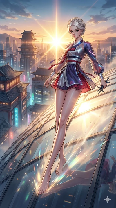 score_9, masterpiece, best quality, ultra-detailed, high-budget anime movie keyframe, cinematic anime lighting, intricate line art, Japanese woman. Dynamic full-body shot stretching the vertical silhouette with extreme perspective. sliding down a gla