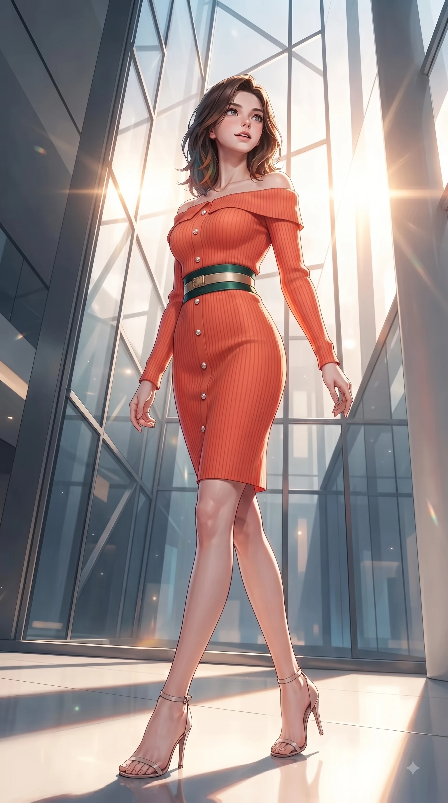 score_9, masterpiece, best quality, ultra-detailed, high-budget anime keyframe, editorial fashion photography, tasteful artistic composition, Korean woman. low angle full-body shot from head to toe showing her feet, filling the entire 9:16 vertical frame with her statuesque presence, stretching her vertical silhouette. Radiant anticipation in her face, glowing with hopeful curiosity and warm expectant energy while pivoting dynamically near a towering geometric glass facade with intense sunlight filtering through. The surrounding environment is rendered in vivid detail and crisp panoramic clarity. sleek minimalist interior design captured with high-contrast environmental precision. She has an absolutely perfect, statuesque 8.5-heads proportion, an exceptionally tall and slender model-like female figure with impossibly long slender legs and an ultra-slim waist. sharp v-shaped jawline, high-bridge nose, intricate jewel-like eyes with depth, thick eyelashes, glossy lips with a natural sheen, flawlessly proportioned anatomical accuracy, natural body alignment, perfectly sculpted elegant limbs, clean dynamic posture without body distortion. wearing a bold coral orange off-shoulder ribbed knit dress with a fitted waist belt in deep emerald green and champagne gold, tailored from structured wool crepe with clean lines, accented with delicate pearl buttons and refined ruffle trims, the tailored fit highlighting her statuesque and model-like silhouette. illuminated by polished specular highlights and cool futuristic rim lighting. ultra-reflective glossy finish, specular highlights, metallic sheen, high-contrast stereoscopic depth, volumetric dynamic lighting, 2k, ultra detail, master piece, 9:16 ratio