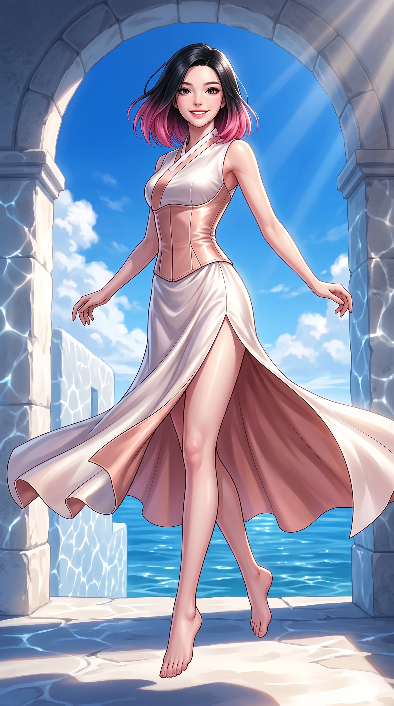 score_9, masterpiece, best quality, ultra-detailed, high-budget anime keyframe, editorial fashion photography, tasteful artistic composition, Korean woman. low angle full-body shot from head to toe showing her feet, filling the entire 9:16 vertical frame with her statuesque presence, stretching her vertical silhouette. performing a cheerful mid-air rotation with flawless poise, her radiant smile capturing pure happy energy while resting happily on a stone archway balcony as intense Mediterranean sunlight warms her form, glistening water reflections dancing dynamically across whitewashed stone walls. She has an absolutely perfect, statuesque 8.5-heads proportion, an exceptionally tall and slender model-like female figure with impossibly long slender legs and an ultra-slim waist. sharp v-shaped jawline, high-bridge nose, intricate jewel-like eyes with depth, thick eyelashes, glossy lips with a natural sheen, flawlessly proportioned anatomical accuracy, natural body alignment, perfectly sculpted elegant limbs, clean dynamic posture without body distortion. wearing a modern fusion silk hanbok dress with a structured bodice and flowing skirt in pearl white and rose gold, crafted from smooth liquid silk, finished with a sleek side slit ascending to mid-thigh, the glove-like fit emphasizing her statuesque silhouette during motion. bathed in bright white Mediterranean sunbeams and deep blue sky refractions. highly saturated vibrant anime colors, detailed shading with soft gradients, rich glossy textures, high-contrast stereoscopic depth, volumetric dynamic lighting, master piece, 9:16 ratio