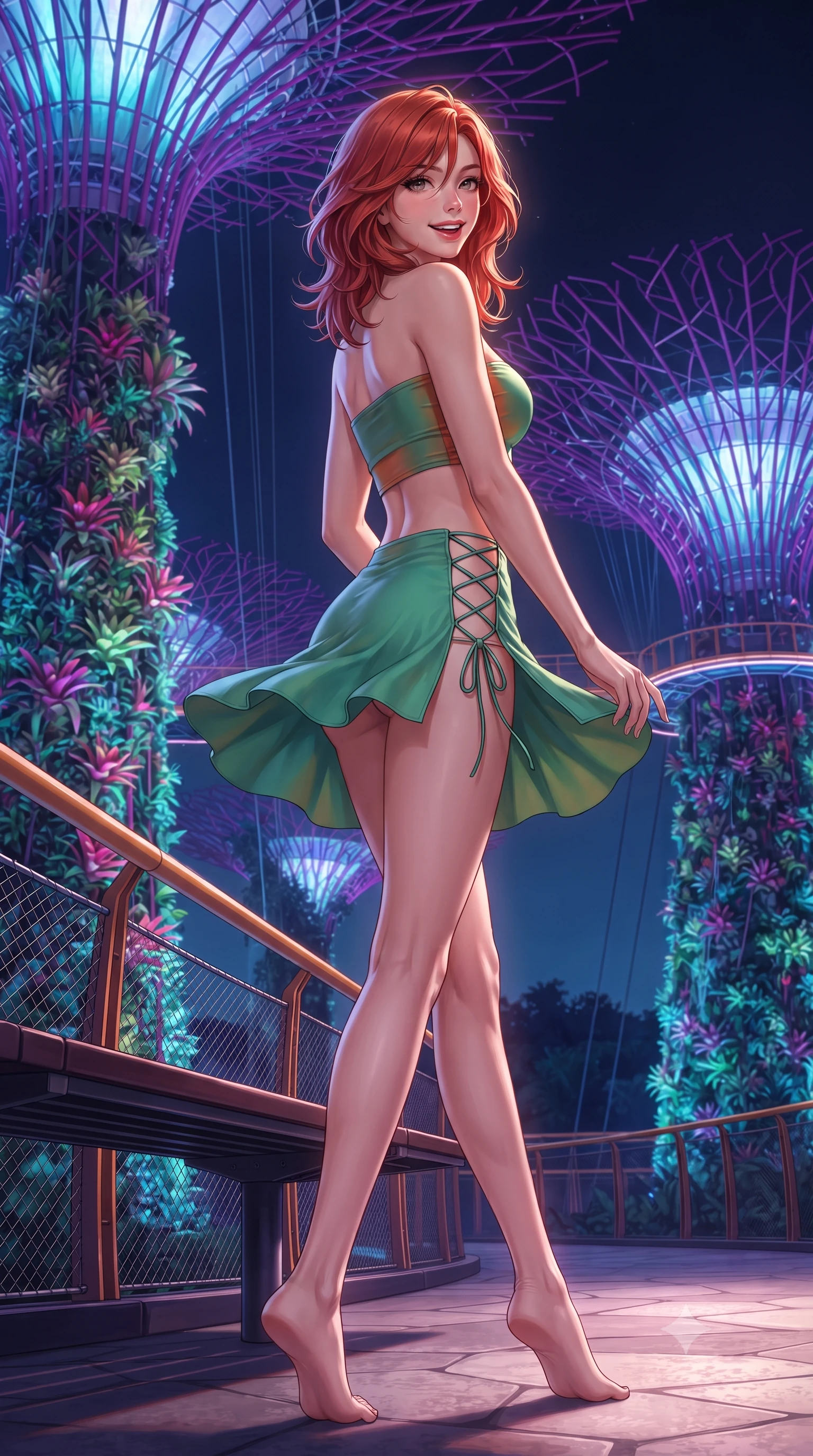 score_9, masterpiece, best quality, ultra-detailed, high-budget anime keyframe, editorial fashion photography, tasteful artistic composition, Korean woman. low angle full-body shot from head to toe showing her feet, filling the entire 9:16 vertical frame with her statuesque presence, stretching her vertical silhouette. executing a slow, graceful pivot turn as her skirt sways around her slender legs, glancing back with an enchanting, teasing sensual expression while sitting perched gracefully on the bridge bench with legs crossed, flashing a radiant, playful smile with parted glossy lips. The surrounding environment is rendered in vivid detail and crisp panoramic clarity: sharp steel suspension bridge cable weave, living tropical bromeliad leaf textures on supertree trunks, and fiber-optic filament lines in deep focus. She has an exceptionally tall and slender model-like 8.5-heads proportion, an ultra-slim waist, a flat toned midriff, narrow delicate ribcage, and beautifully sculpted feminine hips creating a graceful, slim hourglass silhouette without any bulky heaviness, with impossibly long slender legs. sharp v-shaped jawline, high-bridge nose, intricate jewel-like sparkling eyes with depth, thick eyelashes, glossy parted lips with a natural peach sheen, bright cheerful beaming smile with an enchanting and coquettish sensual glint, exuding both youthful cute charm and seductive allure, flawlessly proportioned anatomical accuracy, strict slender model proportions, natural body alignment, perfectly sculpted long slender limbs, ultra-slim waistline, clean dynamic posture without body distortion. wearing an ultra-cropped fitted bandeau top paired with a micro mini tennis skirt revealing her flat midriff in Tanjong Pagar Peranakan jade green and gilded vermilion, made of fluid liquid jersey with seamless sculpting hold and smooth contours, featuring fine criss-cross lace-up side ties revealing tantalizing glimpses of her hip curve, the liquid-tight tailored fabric clinging flawlessly to her narrow waist and rounded feminine hips, emphasizing every millimeter of her sculpted slim hourglass curves without any bulky heaviness. bathed in the saturated violet-and-cyan 4000K luminescence of Supertree LED light shows mixed with warm skyway pathway glows. ultra-reflective glossy finish, specular highlights, rich textural contrasts, high-contrast stereoscopic depth, volumetric dynamic lighting, 2k, ultra detail, master piece, 9:16 ratio