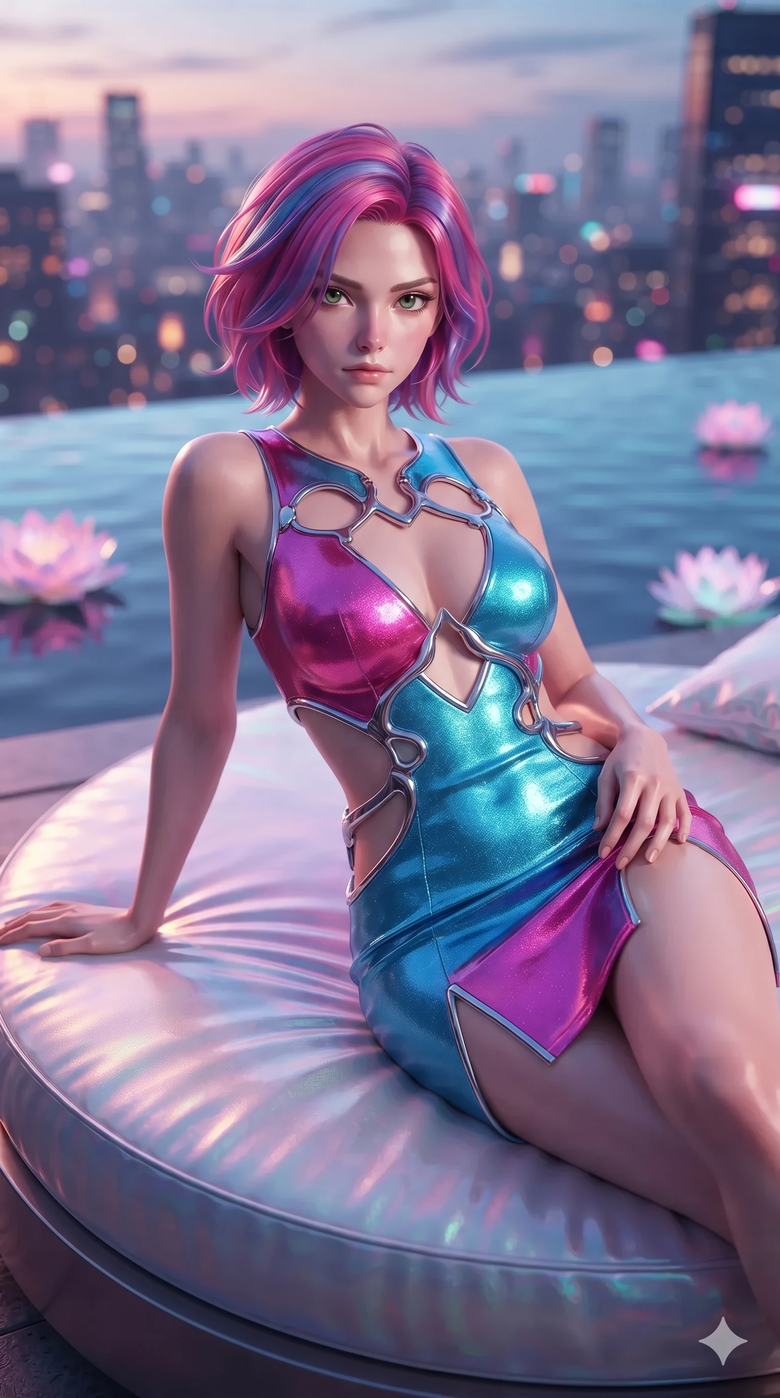 score_9, masterpiece, best quality, ultra-detailed, high-budget anime keyframe, editorial fashion photography, tasteful artistic composition, Caucasian woman. close-up cowboy shot from the waist and thighs up, the character dominates the composition, filling the frame with her large presence. perched sideways on the lounge seat, one knee drawn up to showcase her slender leg line while her arched back accentuates her feminine hip curve while lounging gracefully across the circular daybed propped on one elbow with legs extended, displaying her long slender limbs and statuesque hourglass silhouette against the horizon. The background shows a soft-focus floating holographic pink lotuses, infinity pool edge dropping into the neon city abyss, and distant bridge lights blurred into rose, amber, and sapphire bokeh. She has an exceptionally elegant, slender, and willowy female figure with an ultra-slim waist, flat toned midriff, narrow ribcage, and sculpted feminine hips creating an alluring, slim hourglass silhouette without bulk. sharp v-shaped jawline, high-bridge nose, intricate jewel-like sparkling eyes with depth, thick eyelashes, glossy parted lips with a natural peach sheen, bright cheerful beaming smile with an enchanting and coquettish sensual glint, exuding both youthful cute charm and seductive allure, flawlessly proportioned anatomical accuracy, strict slender model proportions, natural body alignment, perfectly sculpted long slender limbs, ultra-slim waistline, clean dynamic posture without body distortion. wearing a provocative open-waist cutout mini dress framed by sculptural chrome hardware and thigh-high slit in Neo-Shinjuku neon magenta and electric cyan, woven from stretch metallic lurex jersey casting radiant starlight glints across her curves, accented with a chrome-drop body harness subtly framing her dewy collarbones and spine, the glove-like clinging cut tightly following the natural contour of her hips and long slender legs with youthful 8.5-heads elegance. bathed in the soft pink and gold radiance of holographic lotuses combined with warm 2500K deck recessed cove lights. ultra-reflective glossy finish, specular highlights, rich textural contrasts, high-contrast stereoscopic depth, volumetric dynamic lighting, 2k, ultra detail, master piece, 9:16 ratio