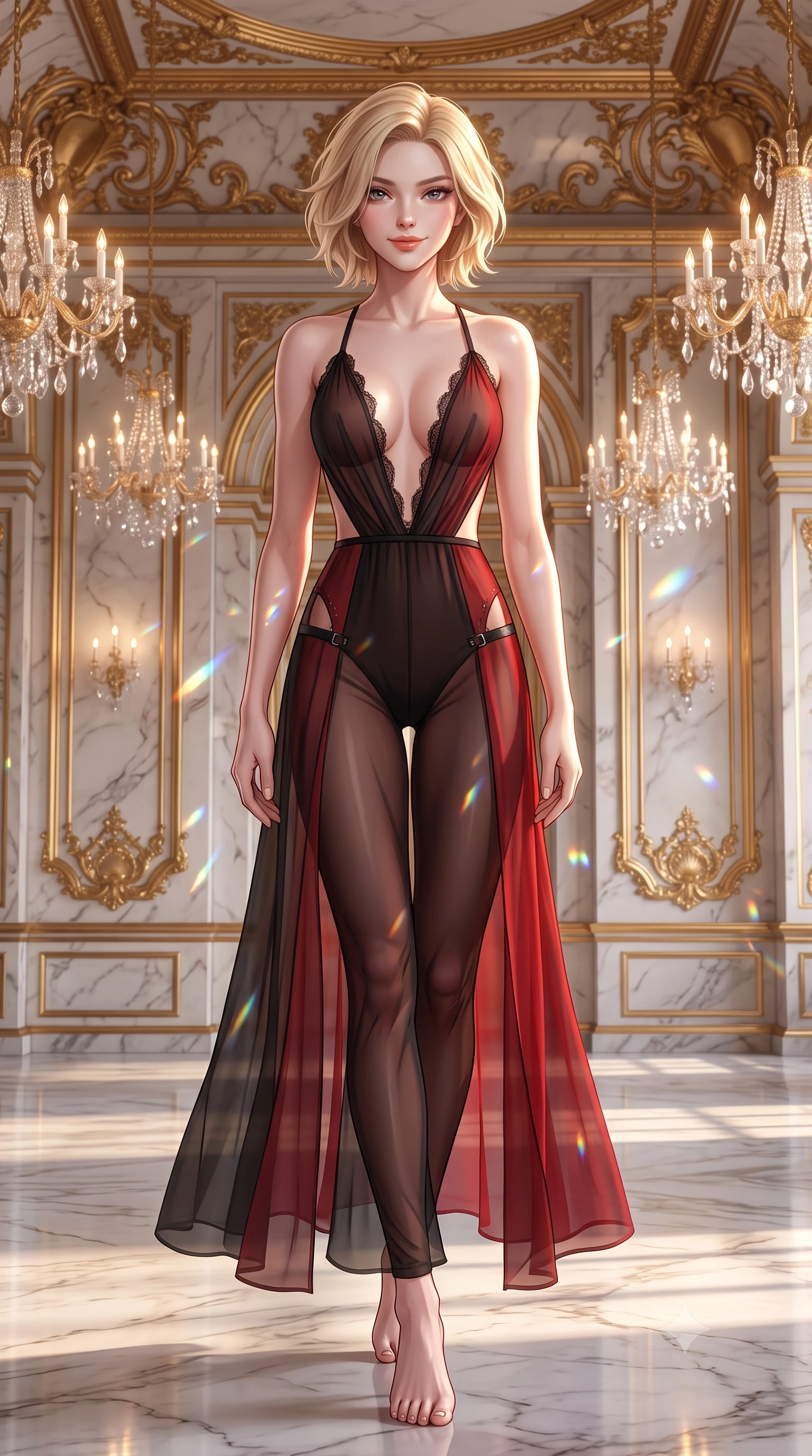 score_9, masterpiece, best quality, ultra-detailed, high-budget anime keyframe, semi-realistic 3D game render, editorial fashion photography, tasteful artistic composition, Caucasian woman. low angle full-body shot from head to toe showing her feet, filling the entire 9:16 vertical frame with her statuesque presence, stretching her vertical silhouette. stepping slowly toward the camera with hypnotic grace, hips swaying in an alluring sensual rhythm that accentuates her curvy hourglass silhouette and long slender legs while twisting her slender torso in an alluring contrapposto stance, shimmering crystal chandelier refractions dancing across her curves. The surrounding environment is rendered in vivid detail and crisp panoramic clarity: sharp white Seravezza marble veining, crystal prism facet reflections, and gold-leaf leafing on carvings in deep focus. She has an absolutely perfect, statuesque 8.5-heads proportion, an exceptionally tall and slender model-like female figure with impossibly long slender legs, an ultra-slim waist, a flat toned midriff, narrow delicate ribcage, and beautifully sculpted feminine hips creating a graceful, slim hourglass silhouette without any bulky heaviness. sharp v-shaped jawline, high-bridge nose, sparkling eyes with hypnotic seductive depth, thick curled eyelashes, glossy parted lips with a natural dewy peach sheen, alluring bedroom-eyes with an enchanting coquettish smile, exuding magnetic siren charisma and sophisticated glamour, flawlessly proportioned anatomical accuracy, strict slender model proportions, natural body alignment, perfectly sculpted long slender limbs, ultra-slim waistline, clean dynamic posture without body distortion. wearing a backless plunge-front second-skin stealth jumpsuit with fluid tapered legs and laser-cut hip ventilation in matte obsidian black and tactical crimson red with gunmetal hardware, made of sheer gossamer chiffon that drapes softly against skin with airy translucence, finished with scalloped eyelash lace trim framing her sweetheart neckline with intimate elegance, the form-contouring silhouette accentuating her sculpted flat midriff, narrow delicate ribcage, and gracefully curvy hips with intoxicating allure. illuminated by polished marble bounce and sharp warm-gold rim lights sculpting her razor-sharp jawline, narrow waist, and curvy hips. highly saturated vibrant anime colors, detailed shading with soft gradients, rich glossy textures, high-contrast stereoscopic depth, volumetric dynamic lighting, master piece, 9:16 ratio