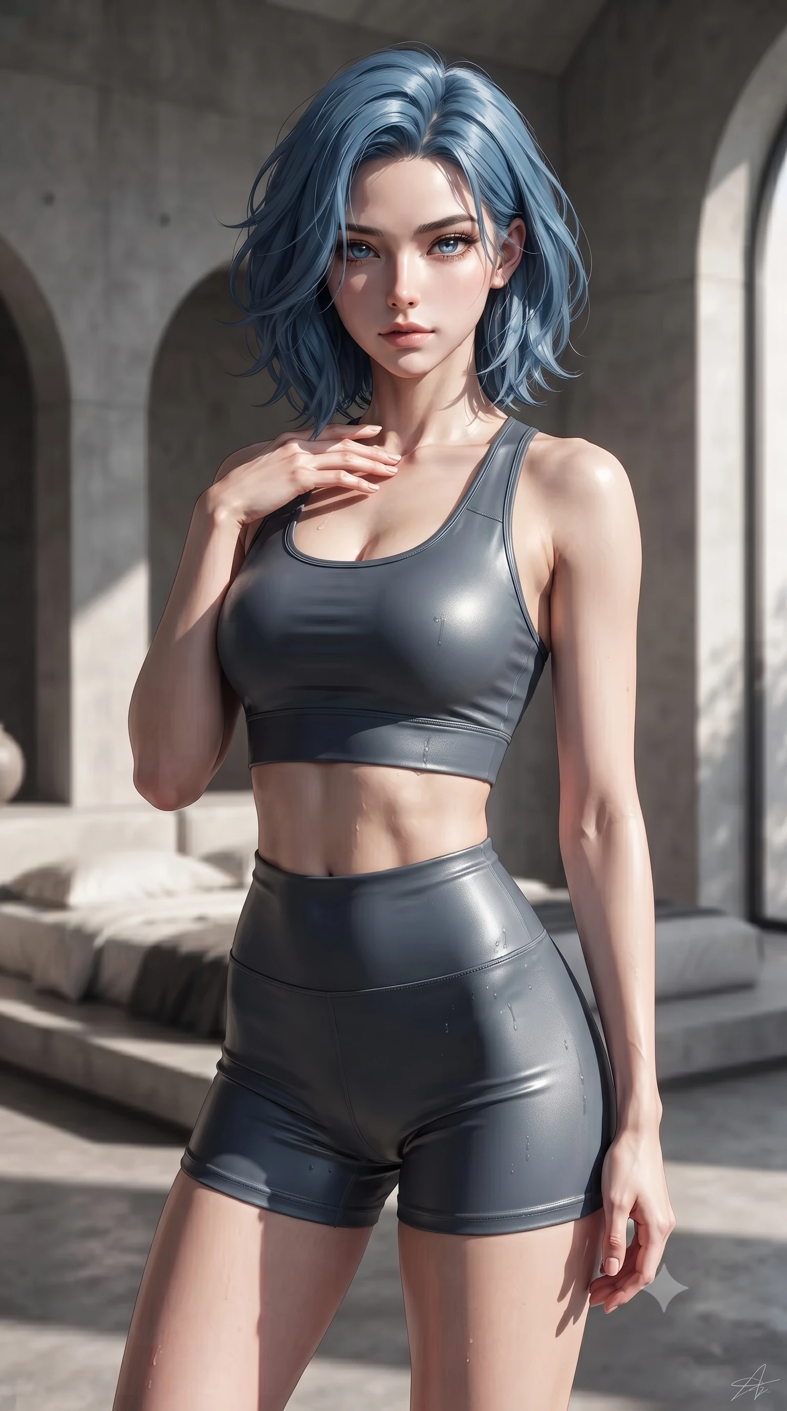 score_9, masterpiece, best quality, ultra-detailed, high-budget anime keyframe, editorial fashion photography, tasteful artistic composition, Korean woman. close-up cowboy shot from the waist and thighs up, the character dominates the composition, filling the frame with her large presence, background elements kept in soft focus. standing with one hand resting on her collarbone, looking at the viewer with bedroom-eyes the background shows a soft-focus the interior of a modern desert dome with concrete walls and a low platform bed. She has an exceptionally elegant, slender, and willowy female figure with an ultra-slim waist, a gracefully sculpted slender torso, and a refined silhouette. sharp v-shaped jawline, high-bridge nose, intricate jewel-like eyes with depth, thick eyelashes, glossy lips with a natural sheen. wearing a slim-fit body-hugging athletic crop top and high-waisted shorts set in slate grey. stark afternoon sunbeams slicing through a window, creating chiaroscuro shadows. ultra-reflective glossy finish, specular highlights, metallic sheen, high-contrast stereoscopic depth, volumetric dynamic lighting, 2k, ultra detail, master piece, 9:16 ratio
