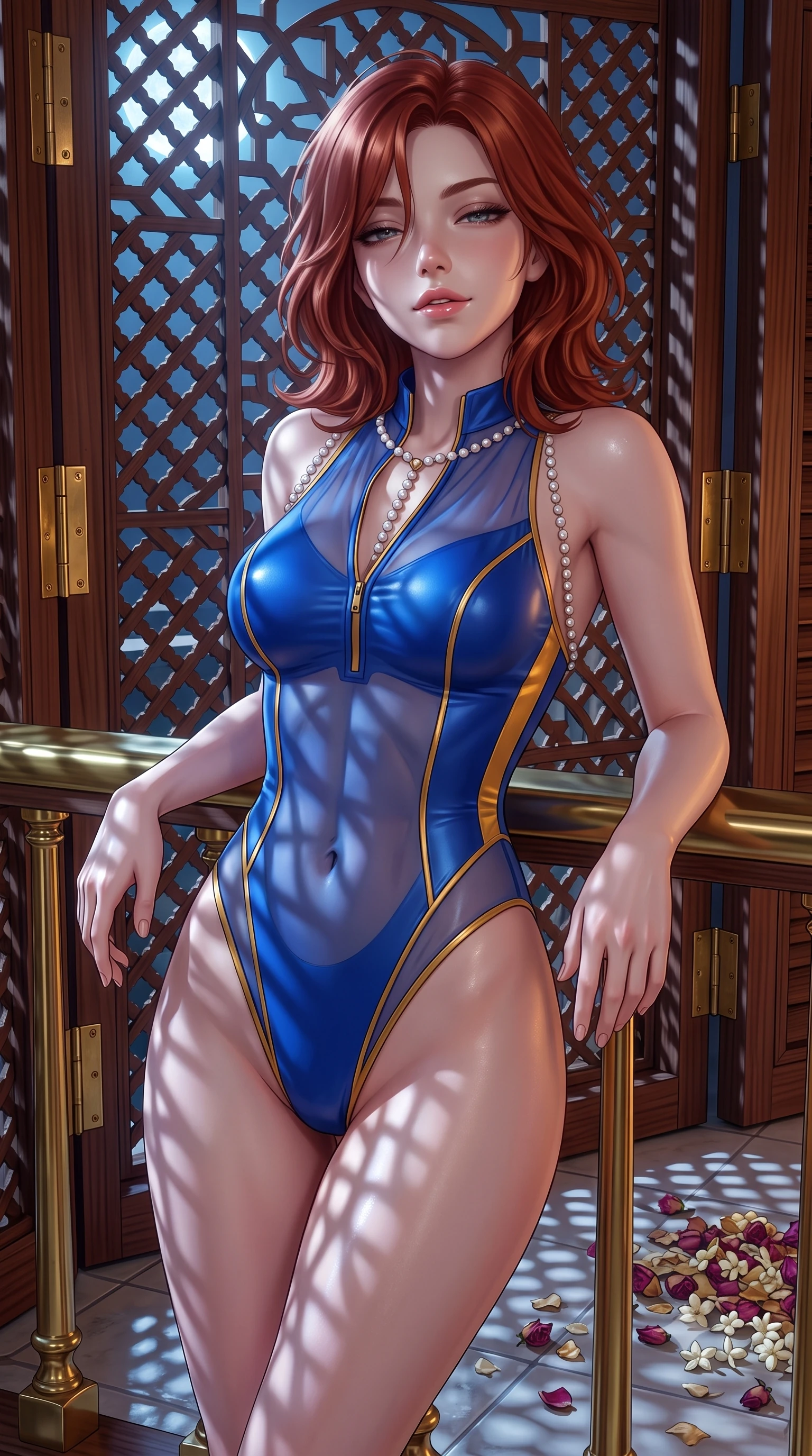 score_9, masterpiece, best quality, ultra-detailed, high-budget anime keyframe, semi-realistic 3D game render, editorial fashion photography, tasteful artistic composition, Korean woman. close-up cowboy shot from the waist and thighs up, the character dominates the composition, filling the frame with her large presence. leaning back against the balustrade with relaxed seductive grace, head tilted back slightly while casting a hypnotic, heavy-lidded gaze while twisting her slender torso in an alluring contrapposto stance, intricate geometric shadow patterns cast by moonlight tracing her flat midriff and curvy hips. The surrounding environment is rendered in vivid detail and crisp panoramic clarity: sharp intricate interlocking joinery of cedar mashrabiya lattice, polished brass shutter hinges, and fragrant flower petal textures in deep focus. She has an exceptionally elegant, slender, and willowy female figure with an ultra-slim waist, flat toned midriff, narrow ribcage, and sculpted feminine hips creating an alluring, slim hourglass silhouette without bulk. sharp v-shaped jawline, high-bridge nose, sparkling eyes with hypnotic seductive depth, thick curled eyelashes, glossy parted lips with a natural dewy peach sheen, alluring bedroom-eyes with an enchanting coquettish smile, exuding magnetic siren charisma and sophisticated glamour, flawlessly proportioned anatomical accuracy, strict slender model proportions, natural body alignment, perfectly sculpted long slender limbs, ultra-slim waistline, clean dynamic posture without body distortion. wearing a form-contouring wet-look neoprene zip-front maillot with high-cut leg openings and gold racing side trims in Marrakesh cobalt majorelle blue and saffron gold, made of sheer gossamer chiffon that drapes softly against skin with airy translucence, accented with a pearl-drop body harness subtly framing her dewy collarbones and spine, the glove-like clinging cut tightly following the natural contour of her hips and long slender legs with youthful 8.5-heads elegance. bathed in sharp geometric patterned light and shadow projected by moonlight streaming through the mashrabiya lattice. highly saturated vibrant anime colors, detailed shading with soft gradients, rich glossy textures, high-contrast stereoscopic depth, volumetric dynamic lighting, master piece, 9:16 ratio