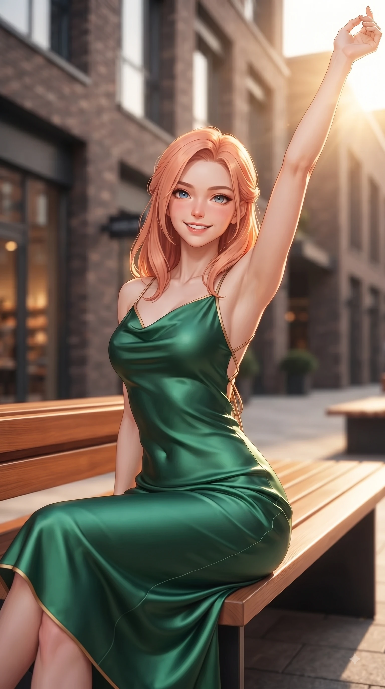 score_9, masterpiece, best quality, ultra-detailed, high-budget anime keyframe, editorial fashion photography, tasteful artistic composition, Japanese woman. close-up cowboy shot from the waist and thighs up, the character dominates the composition, filling the frame with her large presence. Extending one arm in an elegant stretch toward the light while smiling with vibrant, youthful self-assurance while resting on a stylish wooden bench outside a hipster coffee shop under warm afternoon sunbursts. The composition keeps background elements in soft focus with dreamy bokeh. modern brick architecture and chic boutique windows blurred into warm, creamy background bokeh. She has an exceptionally elegant, slender, and willowy female figure with an ultra-slim waist, a gracefully sculpted slender torso, and a refined silhouette. sharp v-shaped jawline, high-bridge nose, intricate jewel-like eyes with depth, thick eyelashes, glossy lips with a natural sheen, flawlessly proportioned anatomical accuracy, natural body alignment, perfectly sculpted elegant limbs, clean dynamic posture without body distortion. wearing an elegant cowl-neck silk satin midi dress with a graceful draped neckline in bright emerald green and warm gold trim, tailored from fine wool crepe with clean lines, finished with delicate criss-cross back straps highlighting her bare shoulders, the elegant draped fit framing her graceful clavicle and slender torso. illuminated by crisp clear afternoon key light and vibrant specular highlights. ultra-reflective glossy finish, specular highlights, metallic sheen, high-contrast stereoscopic depth, volumetric dynamic lighting, 2k, ultra detail, master piece, 9:16 ratio