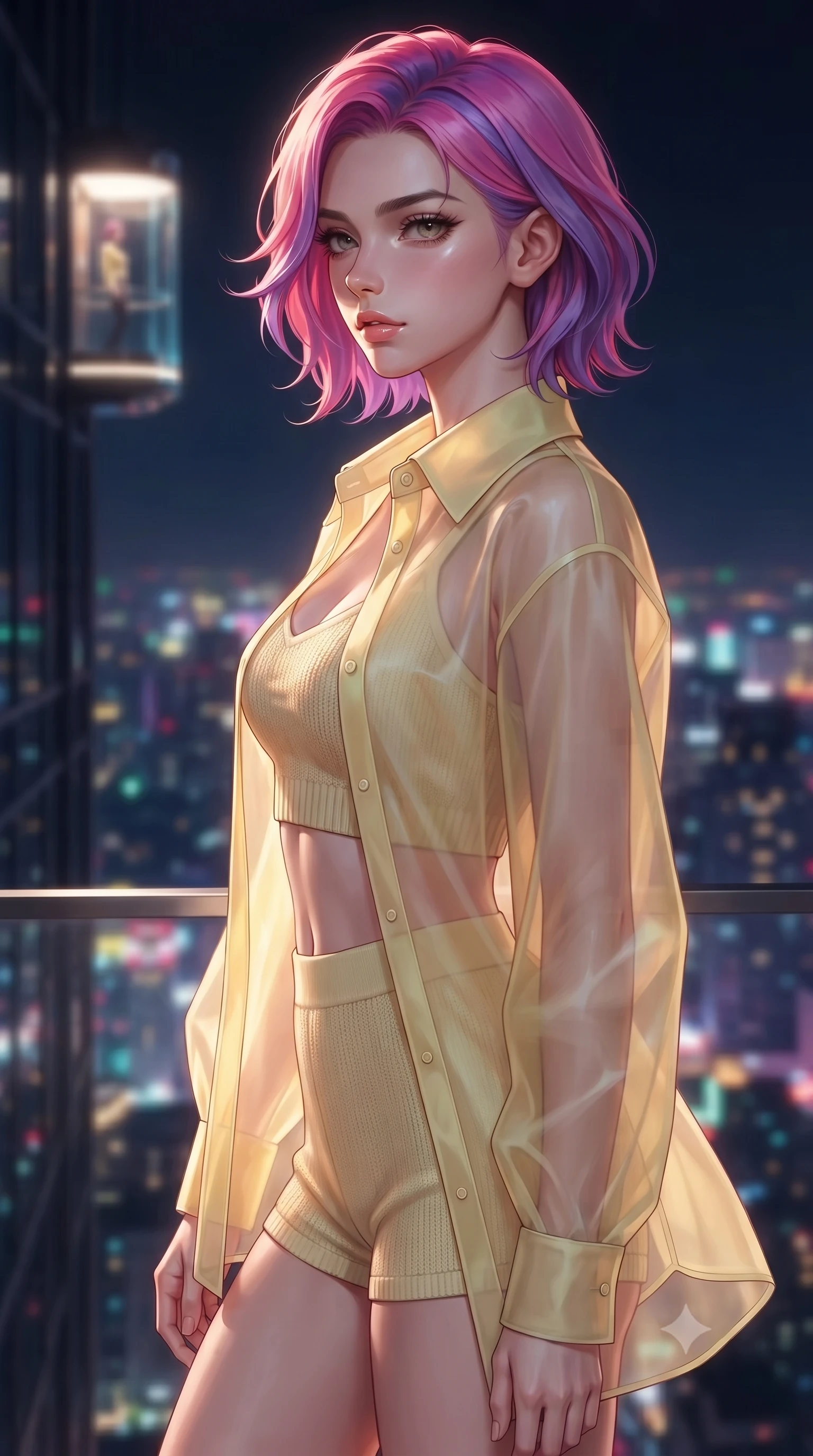 score_9, masterpiece, best quality, ultra-detailed, high-budget anime keyframe, editorial fashion photography, tasteful artistic composition, Caucasian woman. close-up cowboy shot from the waist and thighs up, the character dominates the composition, filling the frame with her large presence, background elements kept in soft focus. turning her face in sharp profile, casting a cold, mysterious, yet intensely alluring side gaze, the background shows a soft-focus a minimalist glass elevator ascending the exterior facade of a 100-story tower at night. She has an exceptionally elegant, slender, and willowy female figure with an ultra-slim waist, a gracefully sculpted slender torso, and a refined silhouette. sharp v-shaped jawline, high-bridge nose, intricate jewel-like eyes with depth, thick eyelashes, glossy lips with a natural sheen. wearing a tailored sheer organza shirt in pale yellow worn open over a knit crop top and micro-shorts. dramatic uplighting from the glowing city below tracing her slender build. highly saturated vibrant anime colors, detailed shading with soft gradients, rich glossy textures, high-contrast stereoscopic depth, volumetric dynamic lighting, master piece, 9:16 ratio