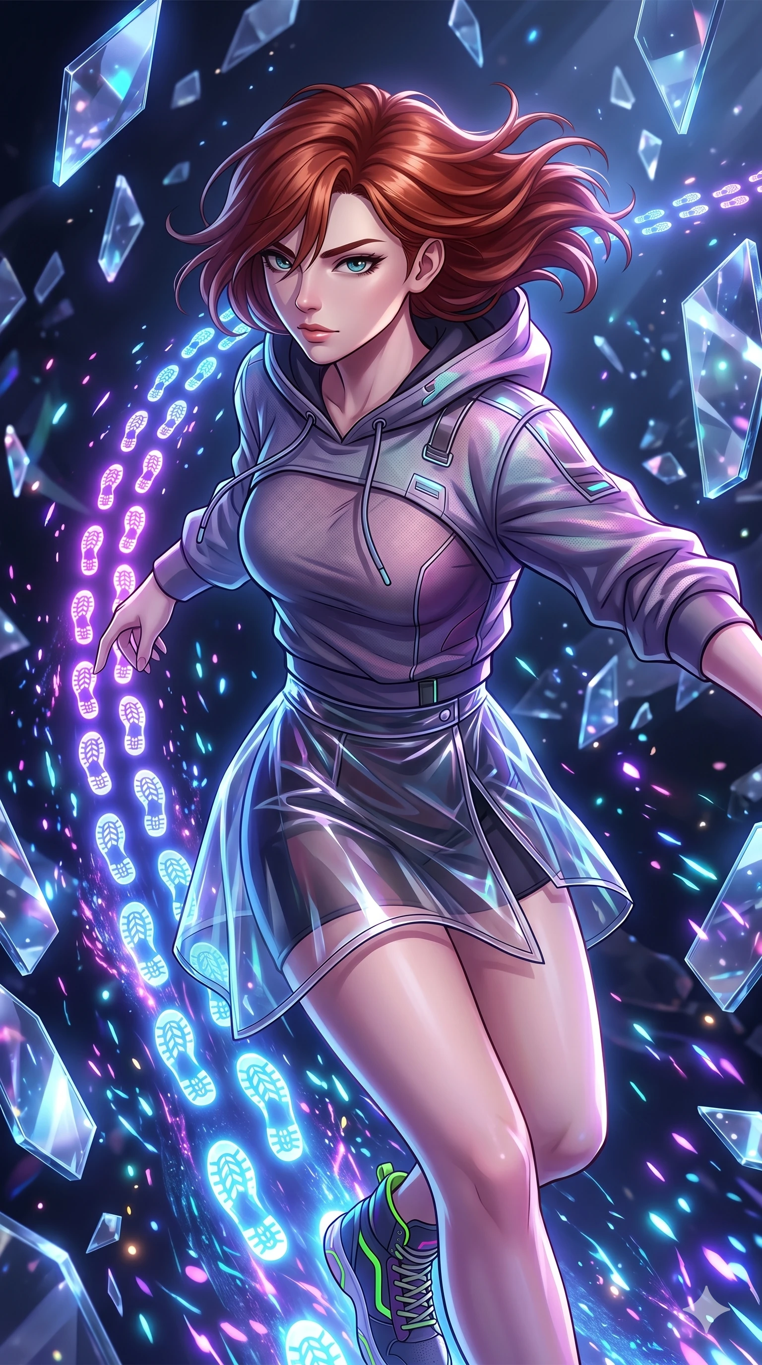score_9, masterpiece, best quality, ultra-detailed, Set A: High-budget Anime Keyframe, Caucasian (strictly human ears) woman. Upper body close-up from the thighs up, character filling the screen for maximum presence. Sliding through a dimension of floating mirrors, as she leaves a trail of 288 glowing footprints and surrounded by glowing energy sparks. She has an absolutely perfect 8-heads proportion, an exceptionally tall and slender female figure with impossibly long slender legs and an ultra-slim waist. Sharp v-shaped jawline, high-bridge nose, intricate jewel-like eyes with depth, thick eyelashes, glossy lips with a natural sheen. Wearing Streetwear tech-hoodie with a transparent PVC skirt and neon sneakers. Cinematic lighting, vibrant colors, dramatic shadows, 2k, ultra detail, master piece, 9:16 ratio
