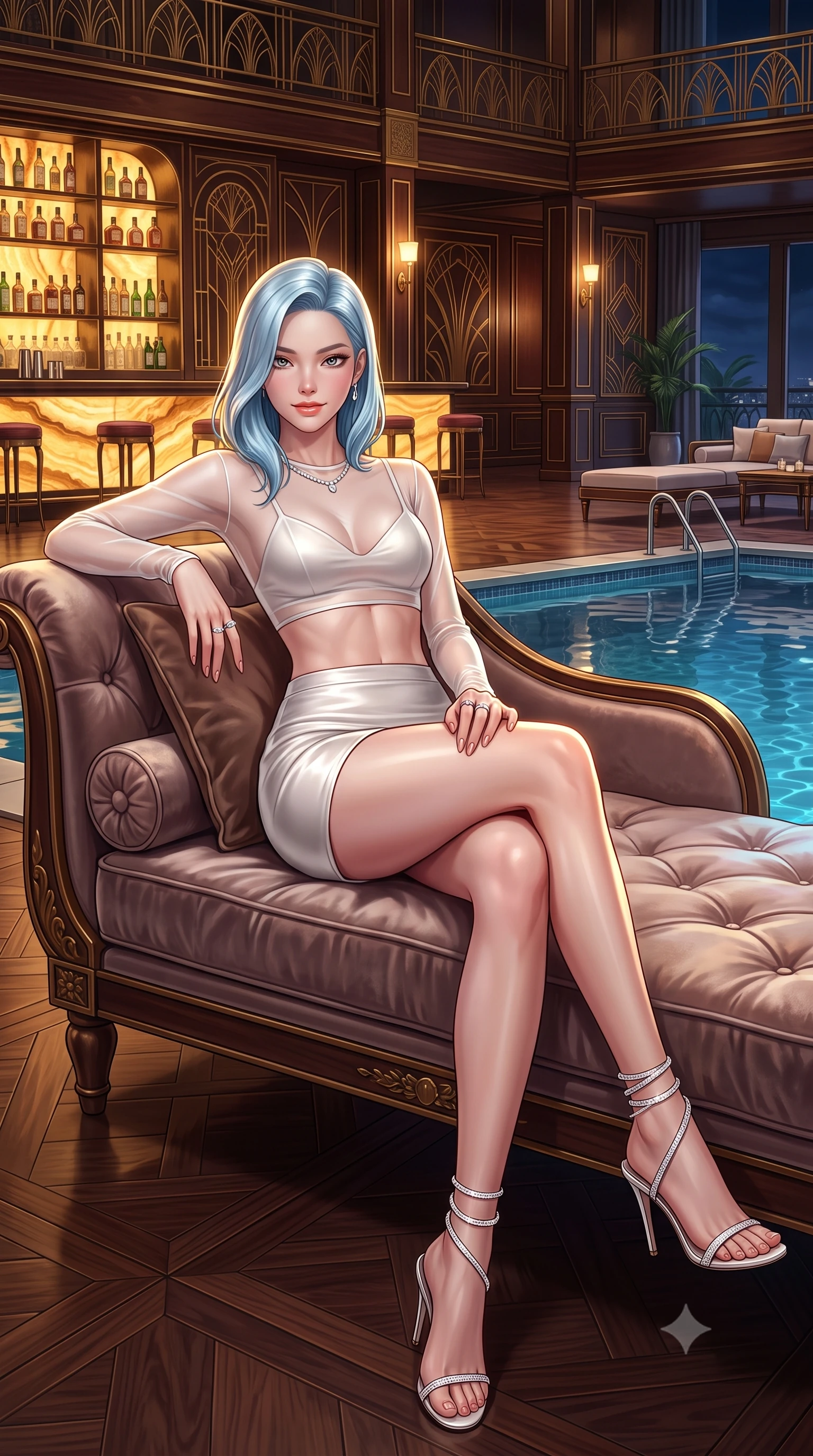 score_9, masterpiece, best quality, ultra-detailed, high-budget anime keyframe, semi-realistic 3D game render, editorial fashion photography, tasteful artistic composition, Korean woman. low angle full-body shot from head to toe showing her feet, filling the entire 9:16 vertical frame with her statuesque presence, stretching her vertical silhouette. lounging on the lavish poolside daybed with legs crossed and hips angled toward the camera, displaying her toned midriff and long slender limbs with effortless siren poise while reclining on the plush velvet lounge chair with one arm draped over the backrest, flashing a playful, coquettish smile with glossy parted lips. The surrounding environment is rendered in vivid detail and crisp panoramic clarity: detailed lace/satin fabric weave, diamond jewelry glints, and opulent speakeasy interior craftsmanship in razor-sharp precision. She has an absolutely perfect, statuesque 8.5-heads proportion, an exceptionally tall and slender model-like female figure with impossibly long slender legs, an ultra-slim waist, a flat toned midriff, narrow delicate ribcage, and beautifully sculpted feminine hips creating a graceful, slim hourglass silhouette without any bulky heaviness. sharp v-shaped jawline, high-bridge nose, sparkling eyes with hypnotic seductive depth, thick curled eyelashes, glossy parted lips with a natural dewy peach sheen, alluring bedroom-eyes with an enchanting coquettish smile, exuding magnetic siren charisma and sophisticated high-fashion glamour, flawlessly proportioned anatomical accuracy, strict slender model proportions, natural body alignment, perfectly sculpted long slender limbs, ultra-slim waistline, clean dynamic posture without body distortion. wearing a sheer mesh long-sleeve crop top over an opaque strappy micro-bralette and a sleek leatherette mini skirt in pure pearl alabaster with platinum sheen, crafted from fluid liquid silk satin that clings smoothly to every curve with a dewy sheen, complemented by strappy stiletto sandals with crystal ankle wraps accentuating her slender calves, the liquid-tight tailored fabric clinging flawlessly to her narrow waist and rounded feminine hips, emphasizing every millimeter of her sculpted slim hourglass curves without any bulky heaviness. illuminated by backlit onyx bar glow and sharp warm-gold rim lights defining her razor-sharp jawline, ultra-slim waist, and curvy hips. highly saturated vibrant anime colors, detailed shading with soft gradients, rich glossy textures, high-contrast stereoscopic depth, volumetric dynamic lighting, master piece, 9:16 ratio