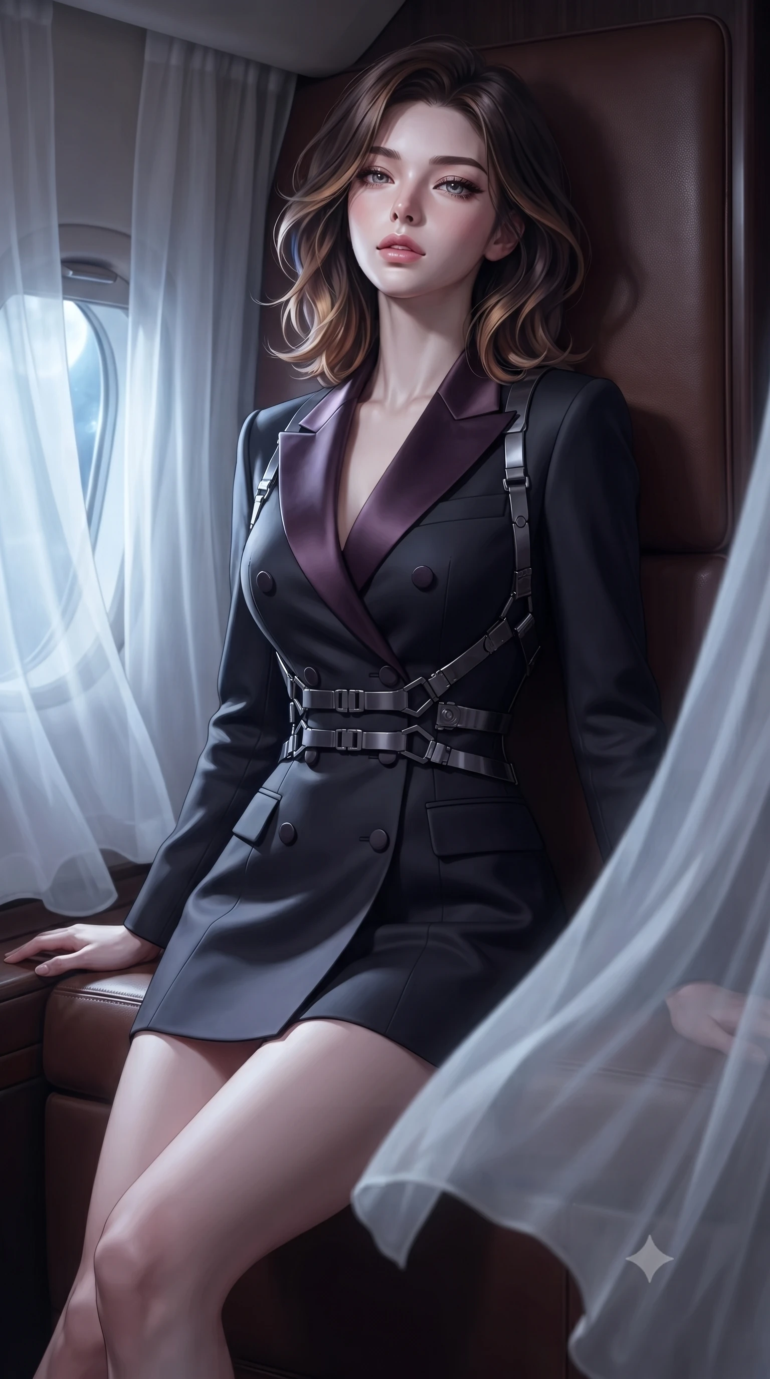 score_9, masterpiece, best quality, ultra-detailed, high-budget anime keyframe, editorial fashion photography, tasteful artistic composition, Korean woman. close-up cowboy shot from the waist and thighs up, the character dominates the composition, filling the frame with her large presence, background elements kept in soft focus. Tilting her chin up slightly with lips parted in a composed, magnetic expression, resting against a leather-wrapped bulkhead as moonlight streams into the cabin, gentle ocean movement swaying white silk curtains around her long legs. She has an exceptionally elegant, slender, and willowy female figure with an ultra-slim waist, a gracefully sculpted slender torso, and a refined silhouette. sharp v-shaped jawline, high-bridge nose, intricate jewel-like eyes with depth, thick eyelashes, glossy lips with a natural sheen. wearing tailored double-breasted obsidian blazer dress with silk lapels in dark plum violet, made of liquid dark mercury jersey, highlighted by a gunmetal metallic harness structure, accentuating her gracefully sculpted slender torso. lit by quiet moonlight key rays piercing through dark ocean air. highly saturated vibrant anime colors, detailed shading with soft gradients, rich glossy textures, high-contrast stereoscopic depth, volumetric dynamic lighting, master piece, 9:16 ratio