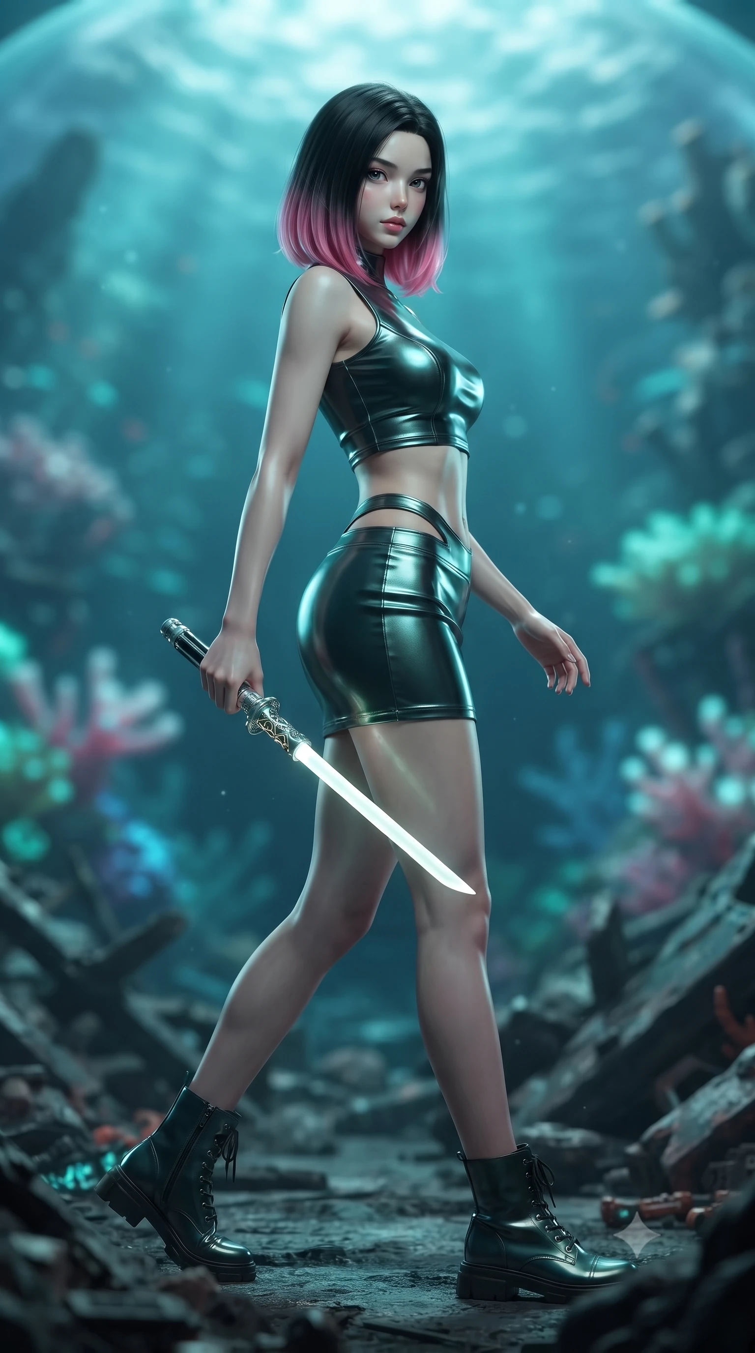score_9, masterpiece, best quality, ultra-detailed, high-budget anime keyframe, editorial fashion photography, tasteful artistic composition, Korean woman. low angle full-body shot from head to toe showing her feet, filling the entire 9:16 vertical frame with her statuesque presence, stretching her vertical silhouette. stepping gracefully through battlefield debris with a glowing saber hilt in hand, looking back over her shoulder, the background shows a soft-focus a pressure-shielded deep-ocean dome surrounded by bioluminescent cyber-corals. She has an absolutely perfect, statuesque 8.5-heads proportion, an exceptionally tall and slender model-like female figure with impossibly long slender legs and an ultra-slim waist. sharp v-shaped jawline, high-bridge nose, intricate jewel-like eyes with depth, thick eyelashes, glossy lips with a natural sheen. wearing a body-hugging modern carbon-alloy crop top paired with a low-rise tactical skirt and a subtle waist cut-out. soft aqua and emerald light filtering through shifting deep-sea currents. ultra-reflective glossy finish, specular highlights, metallic sheen, high-contrast stereoscopic depth, volumetric dynamic lighting, 2k, ultra detail, master piece, 9:16 ratio