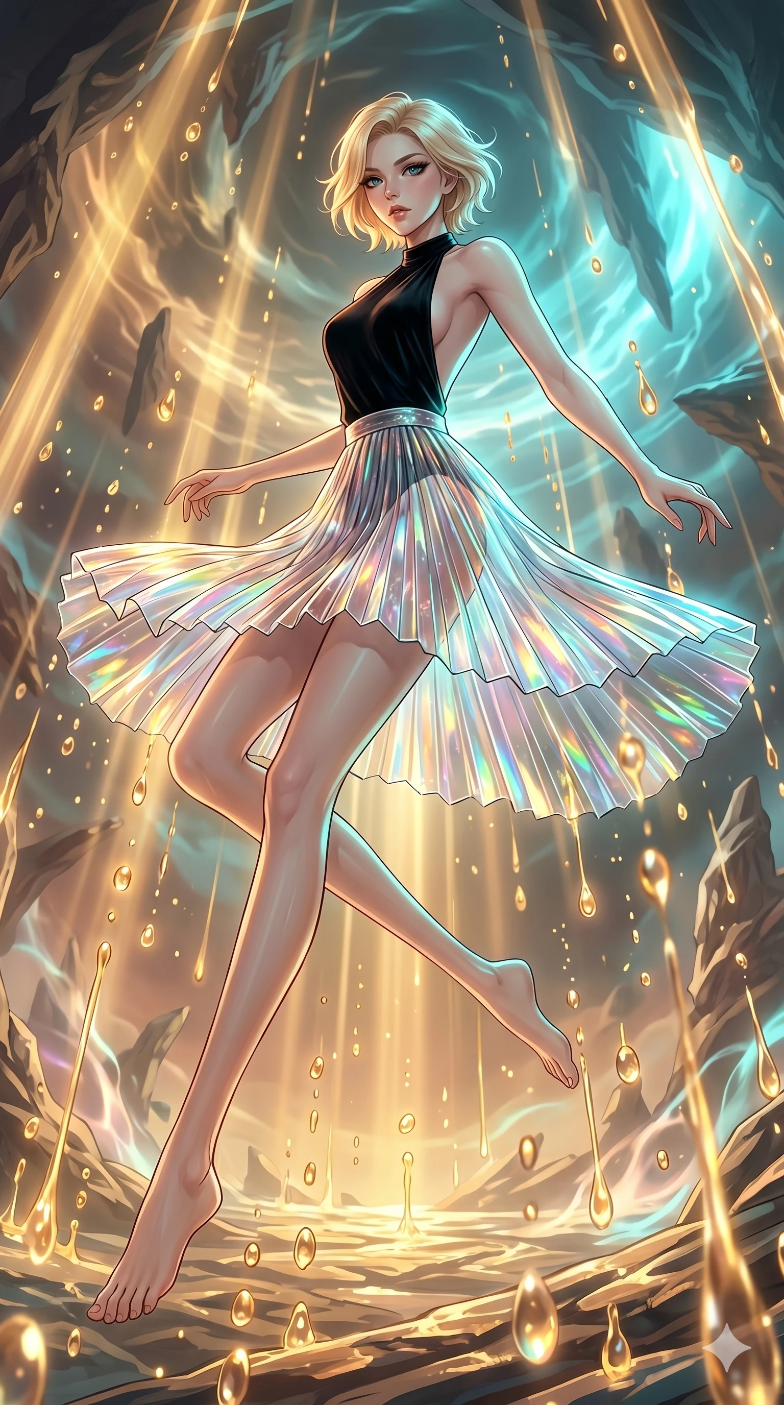 score_9, masterpiece, best quality, ultra-detailed, high-budget anime keyframe, Japanese woman. low angle full-body shot filling the entire 9:16 frame with her statuesque presence, stretching the vertical silhouette. dodging ethereal liquid gold rain that rises upward from the ground in warm shimmering droplets under an inverted gravity field. She has an absolutely perfect 8-heads proportion, an exceptionally tall and slender female figure with impossibly long slender legs and an ultra-slim waist. V-shaped jawline, high-bridge nose, intricate jewel-like eyes with depth, thick eyelashes, glossy lips with a natural sheen.. wearing a fractal glass pleated skirt and a backless black velvet halter neck top, creating a dramatic and elegant silhouette. showcasing a beautiful play of light and shadow, with warm golden rays clashing against cool cyan highlights. 2k, ultra detail, master piece, 9:16 ratio