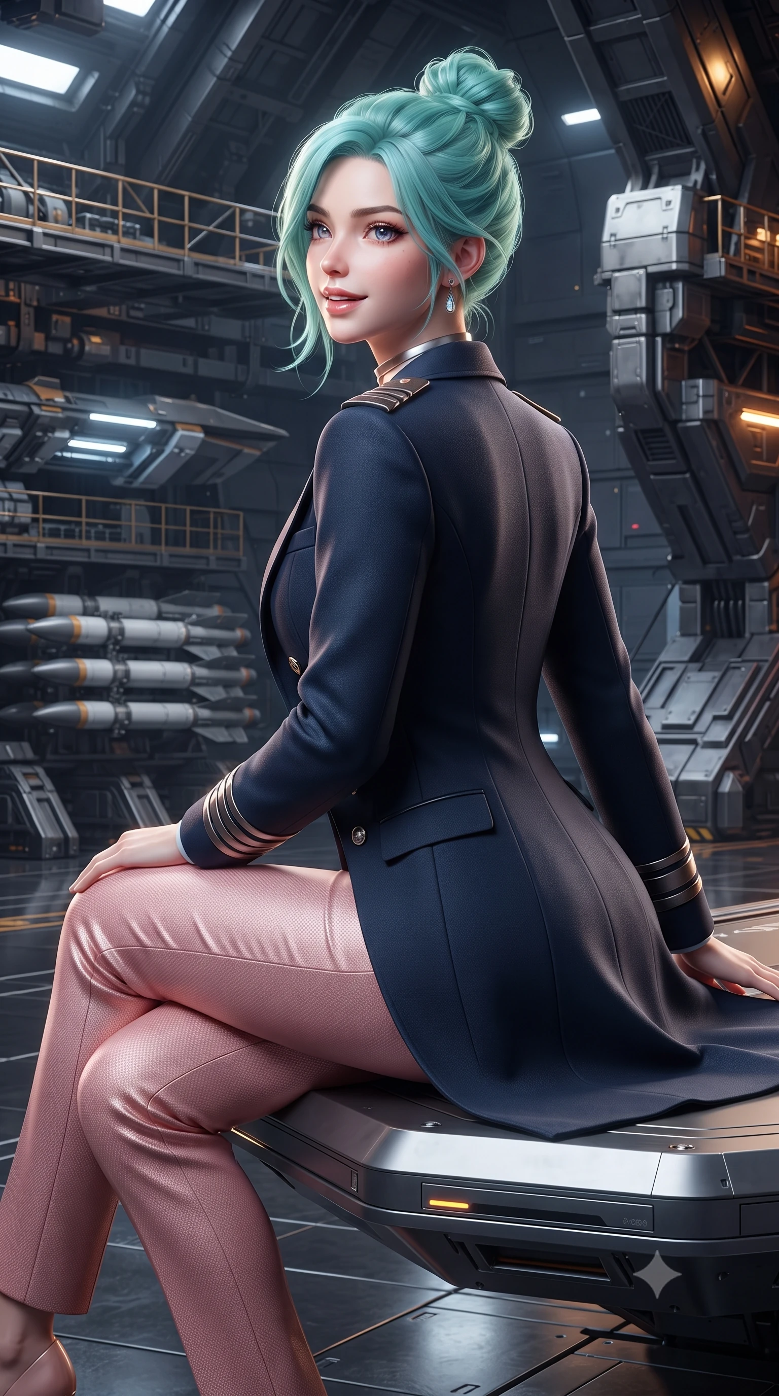 score_9, masterpiece, best quality, ultra-detailed, high-budget anime keyframe, editorial fashion photography, tasteful artistic composition, Japanese woman. close-up cowboy shot from the waist and thighs up, the character dominates the composition, filling the frame with her large presence. posing in an alluring rear three-quarter angle, looking over a bare shoulder with parted glossy lips, her hips cocked back to highlight her slim hourglass curve while sitting gracefully on the floating magnetic inspection platform with legs crossed, flashing a teasing smile with parted glossy lips. The surrounding environment is rendered in vivid detail and crisp panoramic clarity: detailed garment construction, tactical leather sheen, and monumental orbital weapons bay in high resolution. She has an exceptionally elegant, slender, and willowy female figure with an ultra-slim waist, flat toned midriff, narrow ribcage, and sculpted feminine hips creating an alluring, slim hourglass silhouette without bulk. sharp v-shaped jawline, high-bridge nose, intricate jewel-like sparkling eyes with depth, thick eyelashes, glossy parted lips with a natural peach sheen, bright cheerful beaming smile with an enchanting and coquettish sensual glint, exuding both youthful cute charm and seductive allure, flawlessly proportioned anatomical accuracy, strict slender model proportions, natural body alignment, perfectly sculpted long slender limbs, ultra-slim waistline, clean dynamic posture without body distortion. wearing a tailored flight command officer coat in midnight navy with structured lapels, metallic rank braids, and tailored slim trousers in Solaris liquid rose-quartz and alien peach, woven from structured carbon-fiber jacquard with rich textural depth, finished with a minimalist chrome choker and a single teardrop diamond pendant, the impeccably tailored cut draping gracefully along her slender figure with aristocratic poise. illuminated by dark titanium floor reflection bounce and sharp platinum-amber rim lights sculpting her jawline, narrow waist, and curvy hips. ultra-reflective glossy finish, specular highlights, rich textural contrasts, high-contrast stereoscopic depth, volumetric dynamic lighting, 2k, ultra detail, master piece, 9:16 ratio