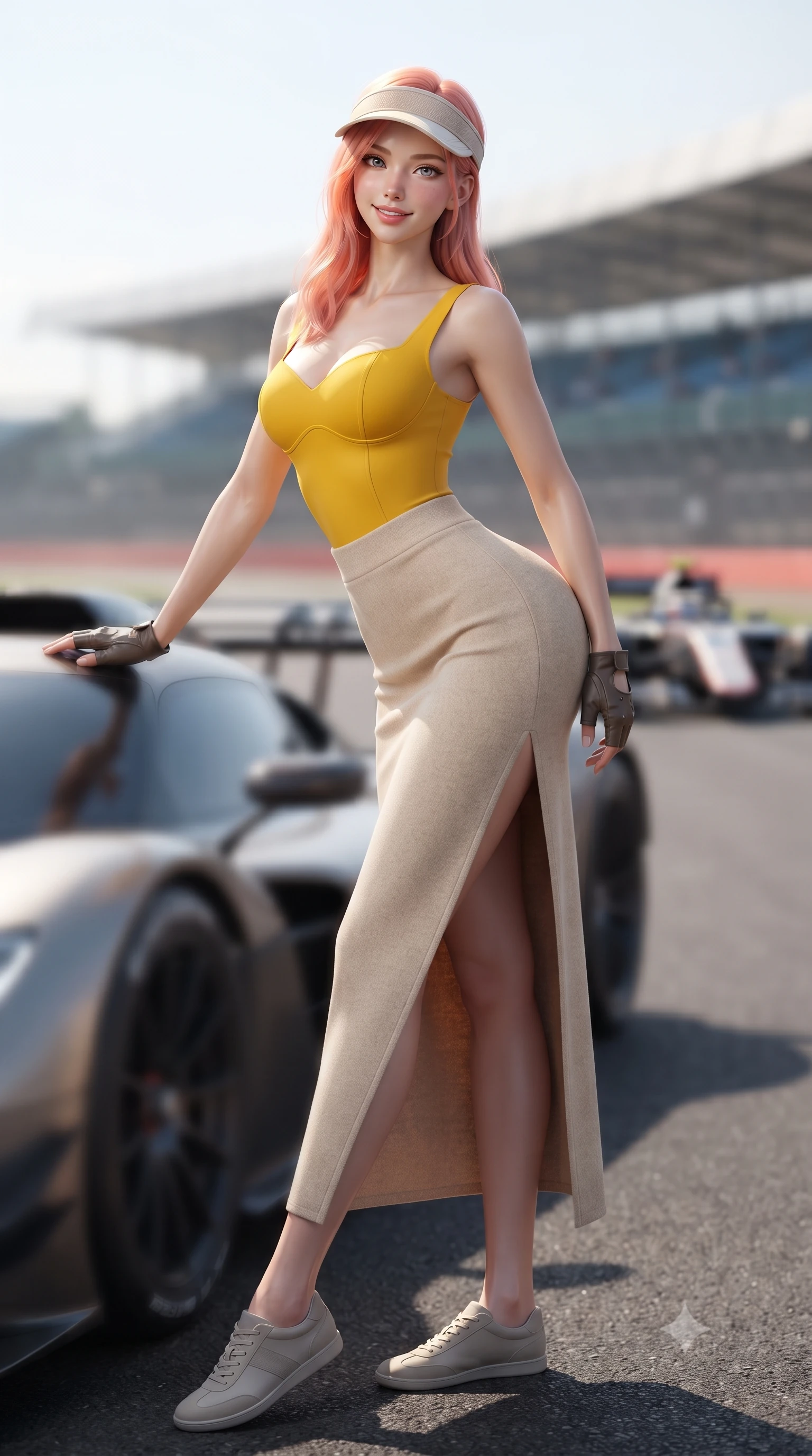 score_9, masterpiece, best quality, ultra-detailed, high-budget anime keyframe, editorial fashion photography, tasteful artistic composition, Japanese woman. low angle full-body shot from head to toe showing her feet, filling the entire 9:16 vertical frame with her statuesque presence, stretching her vertical silhouette. standing in a tall, confident posture with one hand on the sports car roof, stretching her statuesque body as she arches her lower back to emphasize her sculpted feminine hips and slender waist while twisting her slender torso in an alluring S-curve in her form-fitting team kit, her narrow waist and curvy hips commanding the British circuit. The background shows a soft-focus distant racing grandstands and speeding race cars softened in high-performance motorsport shallow focus. She has an absolutely perfect, statuesque 8.5-heads proportion, an exceptionally tall and slender model-like female figure with impossibly long slender legs, an ultra-slim waist, a flat toned midriff, narrow delicate ribcage, and beautifully sculpted feminine hips creating a graceful, slim hourglass silhouette without any bulky heaviness. sharp v-shaped jawline, high-bridge nose, sparkling eyes with athletic focus and depth, thick curled eyelashes, glossy parted lips with a natural coral-peach sheen, bright confident and coquettish smile with alluring bedroom-eyes, exuding both youthful sporty vigor and sovereign high-society glamour, flawlessly proportioned anatomical accuracy, strict slender model proportions, natural body alignment, perfectly sculpted long slender limbs, ultra-slim waistline, clean dynamic posture without body distortion. wearing a sweetheart-neckline athletic tennis bustier top paired with a curve-hugging high-slit track maxi skirt in warm oatmeal beige and deep Ferrari yellow, tailored from ultra-soft fine cashmere yarn with an airy athletic drape, accented with a sporty retro tennis visor and fingerless leather driving gloves, the form-fitting tailored bodice adhering flawlessly to her sculpted flat midriff and slender torso, emphasizing her long leg lines and perfectly proportioned willowy build. illuminated by terrace fill light and sharp silver rim lights sculpting her sculpted collarbones, ultra-slim waist, and curvy hips. ultra-reflective glossy finish, specular highlights, rich textural contrasts, high-contrast stereoscopic depth, volumetric dynamic lighting, 2k, ultra detail, master piece, 9:16 ratio