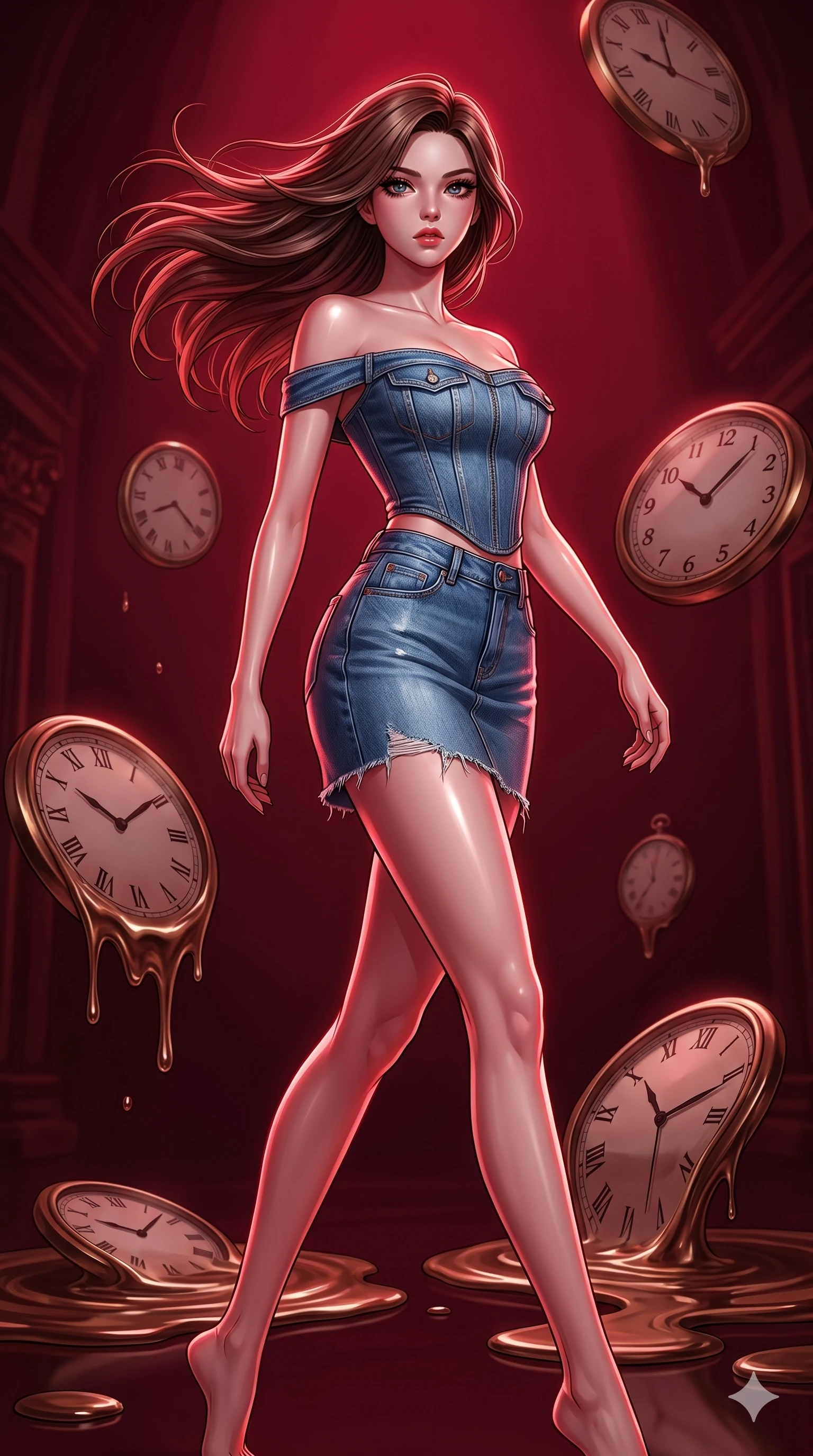 score_9, masterpiece, best quality, ultra-detailed, high-budget anime keyframe, editorial fashion photography, tasteful artistic composition, Korean woman. low angle full-body shot from head to toe showing her feet, filling the entire 9:16 vertical frame with her statuesque presence, stretching her vertical silhouette. Pivoting sharply mid-step with hair sweeping dramatically behind within a temporal vault where clocks float in mid-air and melt into pools of bronze. She has an absolutely perfect 8-heads proportion, an exceptionally tall and slender female figure with impossibly long slender legs and an ultra-slim waist. V-shaped jawline, high-bridge nose, intricate jewel-like eyes with depth, thick eyelashes, glossy lips with a natural sheen. wearing an off-shoulder corset top made from repurposed blue denim, paired with a matching high-waist asymmetric denim mini-skirt with distressed hem. drenched in deep crimson theatrical lighting with sharp specular highlights on every curve. 2k, ultra detail, master piece, 9:16 ratio