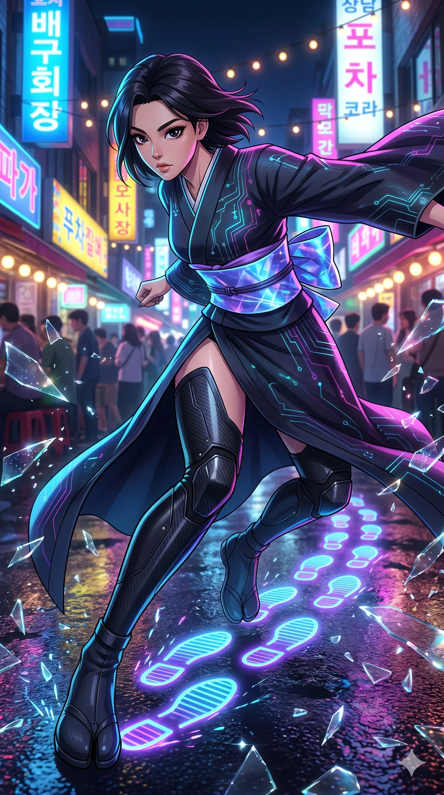score_9, masterpiece, best quality, ultra-detailed, Set A: High-budget Anime Keyframe, Korean woman. Upper body close-up from the thighs up, character filling the screen for maximum presence. Sliding through a futuristic night market, as she leaves a trail of 178 glowing footprints and surrounded by shattered glass fragments. She has an absolutely perfect 8-heads proportion, an exceptionally tall and slender female figure with impossibly long slender legs and an ultra-slim waist. Sharp v-shaped jawline, high-bridge nose, intricate jewel-like eyes with depth, thick eyelashes, glossy lips with a natural sheen. Wearing Tech-kimono with a wide holographic obi and side-slit carbon-fiber leg guards. Cinematic lighting, vibrant colors, dramatic shadows, 2k, ultra detail, master piece, 9:16 ratio