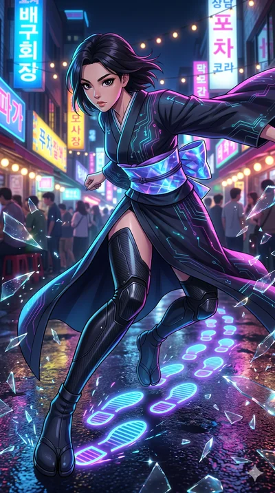 score_9, masterpiece, best quality, ultra-detailed, Set A: High-budget Anime Keyframe, Korean woman. Upper body close-up from the thighs up, character filling the screen for maximum presence. Sliding through a futuristic night market, as she leaves a