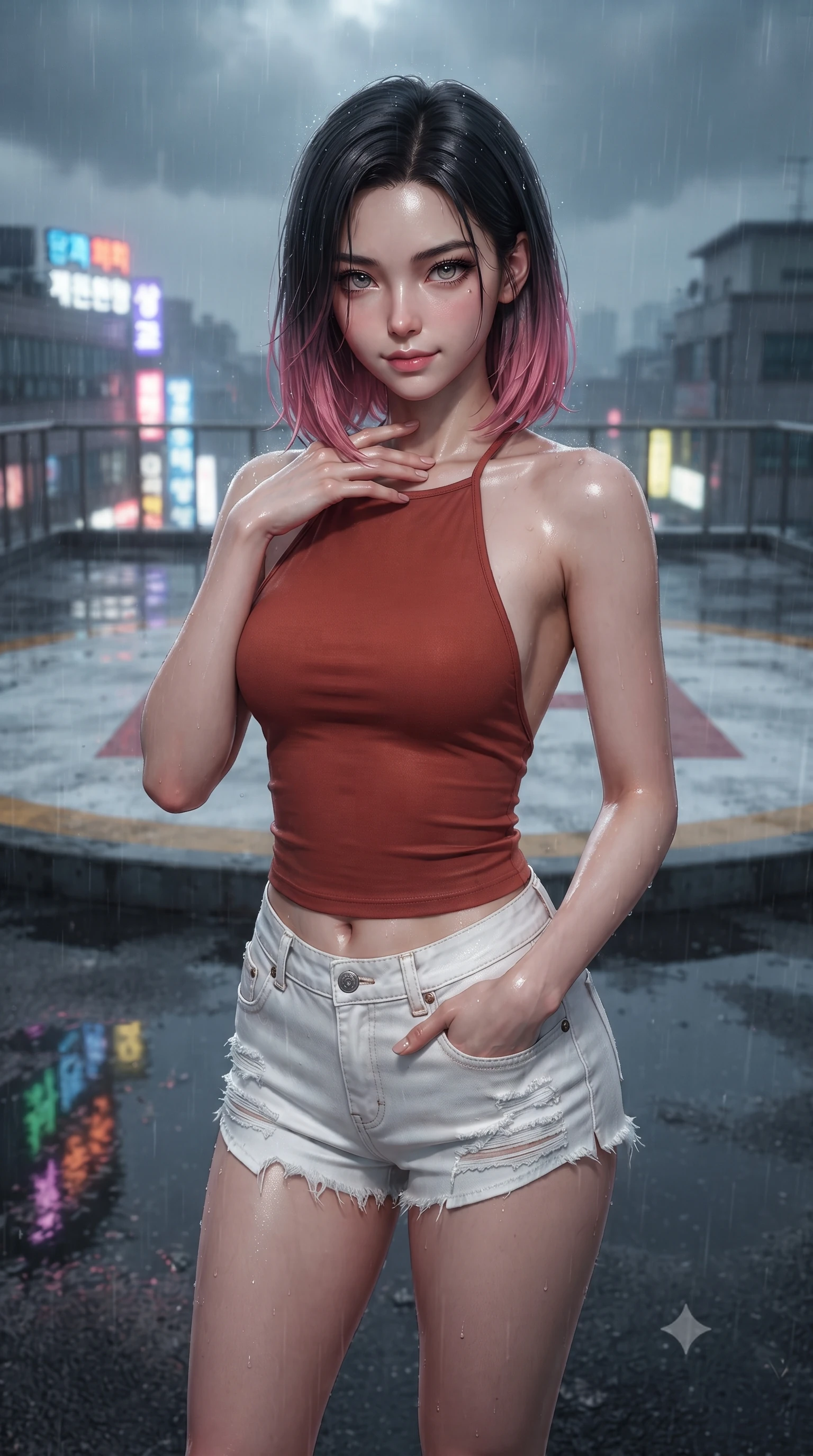 score_9, masterpiece, best quality, ultra-detailed, high-budget anime keyframe, editorial fashion photography, tasteful artistic composition, Korean woman. close-up cowboy shot from the waist and thighs up, the character dominates the composition, filling the frame with her large presence, background elements kept in soft focus. standing with one hand resting on her collarbone, looking at the viewer with bedroom-eyes the background shows a soft-focus a rooftop helipad circle during a heavy thunderstorm with wet concrete. She has an exceptionally elegant, slender, and willowy female figure with an ultra-slim waist, a gracefully sculpted slender torso, and a refined silhouette. sharp v-shaped jawline, high-bridge nose, intricate jewel-like eyes with depth, thick eyelashes, glossy lips with a natural sheen. wearing a slim-fit backless halter top in terracotta red, paired with white denim micro-shorts. vibrant streetlights and neon signs reflecting off the wet asphalt surface. ultra-reflective glossy finish, specular highlights, metallic sheen, high-contrast stereoscopic depth, volumetric dynamic lighting, 2k, ultra detail, master piece, 9:16 ratio