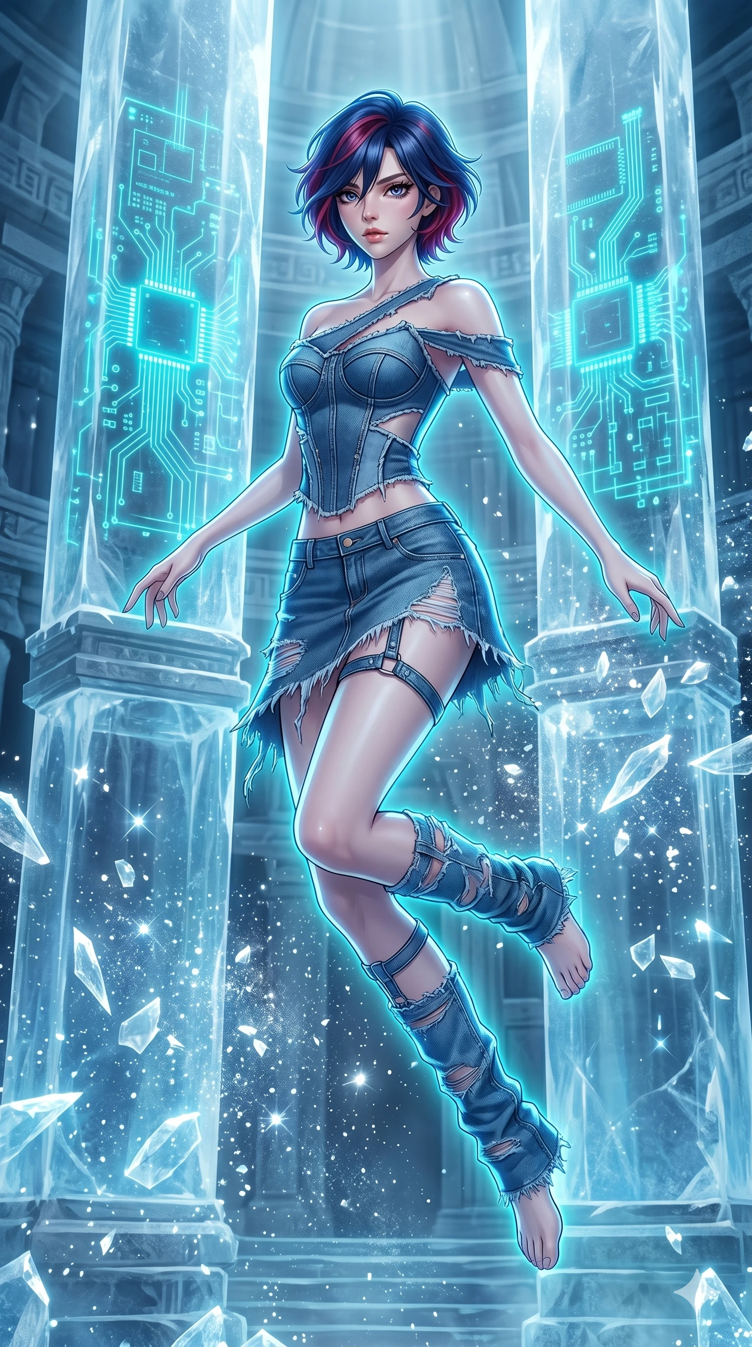 score_9, masterpiece, best quality, ultra-detailed, high-budget anime keyframe, Japanese woman. upper body close-up from the thighs up, character filling the screen for maximum presence. leaping inside a sub-zero cybernetic ice temple, where glowing neon cyan computer circuit boards are frozen within transparent ice pillars, fracturing ice crystals into sparkles around her. She has an absolutely perfect 8-heads proportion, an exceptionally tall and slender female figure with impossibly long slender legs and an ultra-slim waist. V-shaped jawline, high-bridge nose, intricate jewel-like eyes with depth, thick eyelashes, glossy lips with a natural sheen.. wearing a deconstructed denim corset and an asymmetric ripped denim micro-skirt, showcasing a rugged yet chic off-shoulder style. bathed in brilliant cinematic volumetric lighting and intense neon rim light highlighting her slender form. 2k, ultra detail, master piece, 9:16 ratio