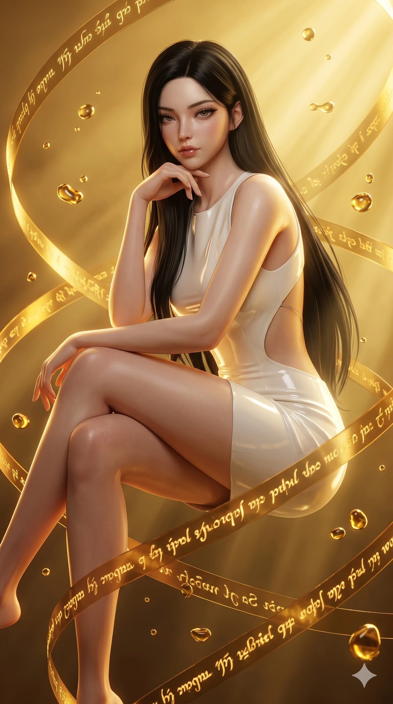 score_9, masterpiece, best quality, ultra-detailed, high-budget anime keyframe, semi-realistic 3D game render, Korean woman. Upper body close-up from the thighs up, character filling the screen for maximum presence. She is sitting cross-legged mid-air, levitating amidst swirling golden script ribbons and floating liquid gold droplets. She rests her chin on her fingers, looking down with a sultry, commanding glance. She has an absolutely perfect 8-heads proportion, an exceptionally tall and slender female figure with impossibly long slender legs and an ultra-slim waist. V-shaped jawline, high-bridge nose, intricate jewel-like eyes with depth, thick eyelashes, glossy lips with a natural sheen. She is wearing a second-skin fashion-latex mini dress with a clean architectural front, featuring an open-back design that wraps around the sides of her waist, showcasing her slender silhouette. The scene is lit by intense, warm golden ambient light and sharp volumetric sunbeams cutting through volumetric fog. 2k, ultra detail, master piece, 9:16 ratio