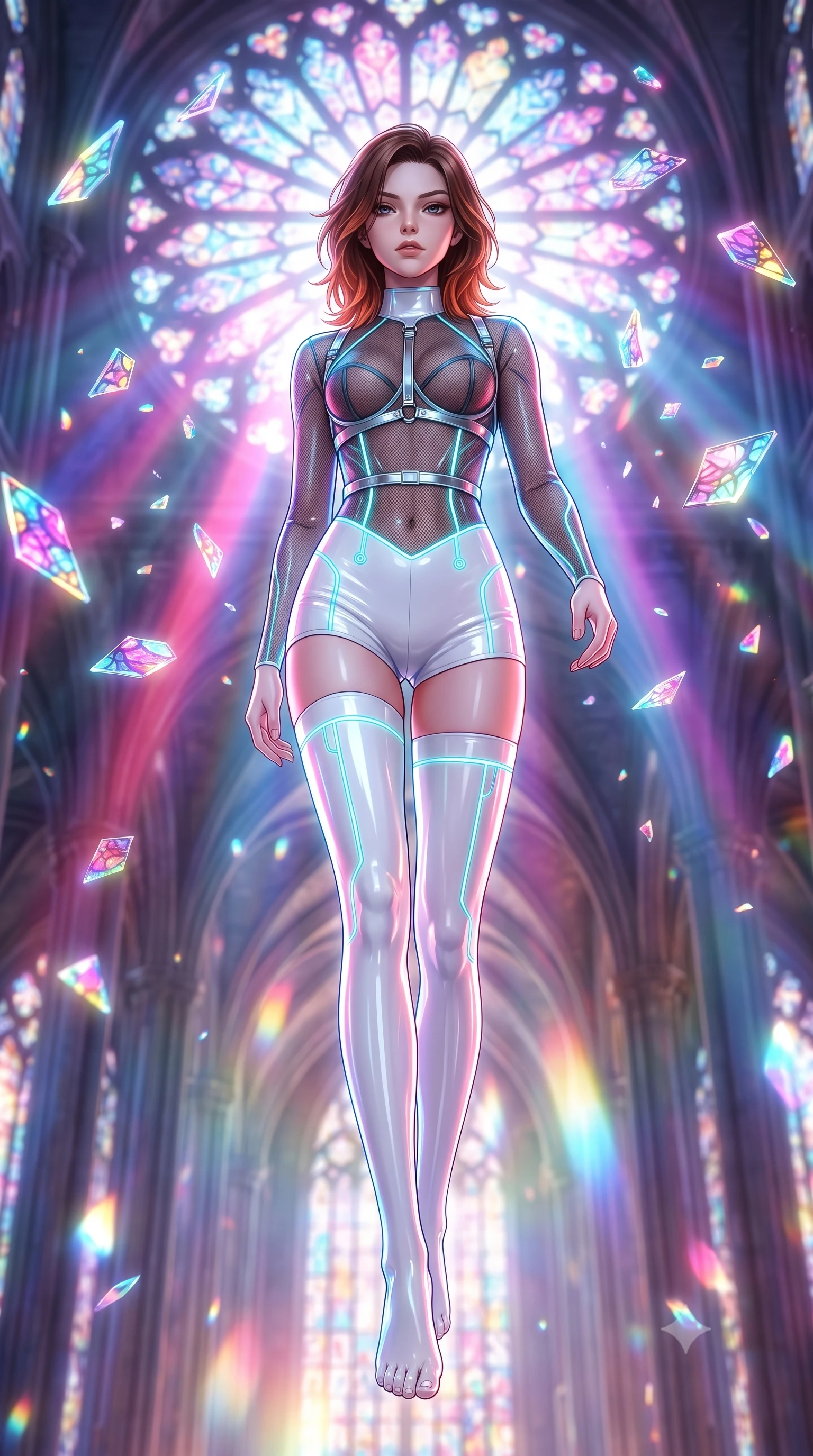 score_9, masterpiece, best quality, ultra-detailed, high-budget anime keyframe, semi-realistic 3D game render, editorial fashion photography, tasteful artistic composition, Korean woman. low angle full-body shot from head to toe showing her feet, filling the entire 9:16 vertical frame with her statuesque presence, stretching her vertical silhouette. striding forward in a proud, statuesque motion with a dangerous smolder, her vertical silhouette dominating the frame from head to toe while floating weightlessly beneath a shattered gothic rose window as holographic glass fragments suspend in mid-air. The composition keeps background elements in soft focus with creamy bokeh. glowing stained-glass fragments and towering cathedral arches blurred into dazzling prismatic bokeh. She has an absolutely perfect, statuesque 8.5-heads proportion, an exceptionally tall and slender model-like female figure with impossibly long slender legs and an ultra-slim waist. sharp v-shaped jawline, high-bridge nose, intricate jewel-like eyes with depth, thick eyelashes, glossy lips with a natural sheen, flawlessly proportioned anatomical accuracy, natural body alignment, perfectly sculpted elegant limbs, clean dynamic posture without body distortion. wearing a delicate see-through dark mesh top with structured cup boning, paired with high-cut micro-shorts and thigh-high stockings in pure snow white latex and glowing cyan circuit seams, formed from high-gloss patent material with specular light reflections, reinforced by a sleek metallic chrome harness and delicate glowing micro-straps, the sleek aerodynamic cut emphasizing her magnetic presence and alluring physical grace. backlit by intense multi-colored neon light rays and volumetric dawn light filtering through fog. highly saturated vibrant anime colors, detailed shading with soft gradients, rich glossy textures, high-contrast stereoscopic depth, volumetric dynamic lighting, master piece, 9:16 ratio