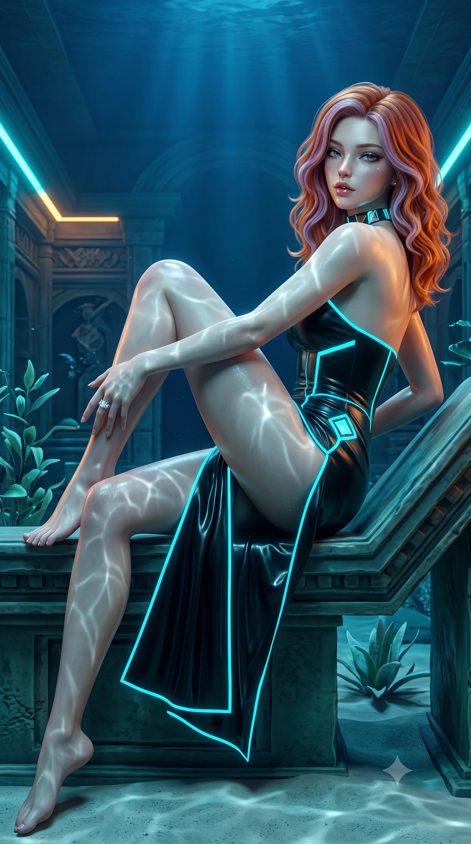 score_9, masterpiece, best quality, ultra-detailed, high-budget anime keyframe, semi-realistic 3D game render, editorial fashion photography, tasteful artistic composition, Caucasian woman. low angle full-body shot from head to toe showing her feet, filling the entire 9:16 vertical frame with her statuesque presence, stretching her vertical silhouette. reclining on her side in an elegant Cleopatra pose with one knee drawn up, the dramatic contour of her rounded hips and long slender legs commanding the 9:16 vertical frame while turning in an alluring contrapposto stance as her sleek speedsuit clings to her form, looking back over a bare shoulder with parted glossy lips. The surrounding environment is rendered in vivid detail and crisp panoramic clarity. detailed wet-look vinyl texture, aquatic light caustics on skin, and submerged underwater structural clarity in high resolution. She has an exceptionally tall and slender model-like 8.5-heads proportion, an ultra-slim waist, a flat toned midriff, narrow delicate ribcage, and beautifully sculpted feminine hips creating a graceful, slim hourglass silhouette without any bulky heaviness, with impossibly long slender legs. sharp v-shaped jawline, high-bridge nose, intricate jewel-like eyes with depth, thick eyelashes, glossy parted lips with a natural sheen, intensely captivating and seductive bedroom-eyes expression, flawlessly proportioned anatomical accuracy, strict slender model proportions, natural body alignment, perfectly sculpted long slender limbs, ultra-slim waistline, clean dynamic posture without body distortion. wearing a modernized cyber-qipao mini dress with an ultra-high side slit ascending to the hip and glowing piping in neon electric cyan and lacquer black, made of fluid silk crepe with delicate inner corsetry boning, complemented by a bold geometric choker and sparkling cocktail ring, the glove-like aerodynamic silhouette tightly following the natural contour of her hips and long slender legs with statuesque 8.5-heads elegance. bathed in high-contrast cyan and amber track edge lights contrasting with deep ocean blue overhead ambient glow. highly saturated vibrant anime colors, detailed shading with soft gradients, rich glossy textures, high-contrast stereoscopic depth, volumetric dynamic lighting, master piece, 9:16 ratio