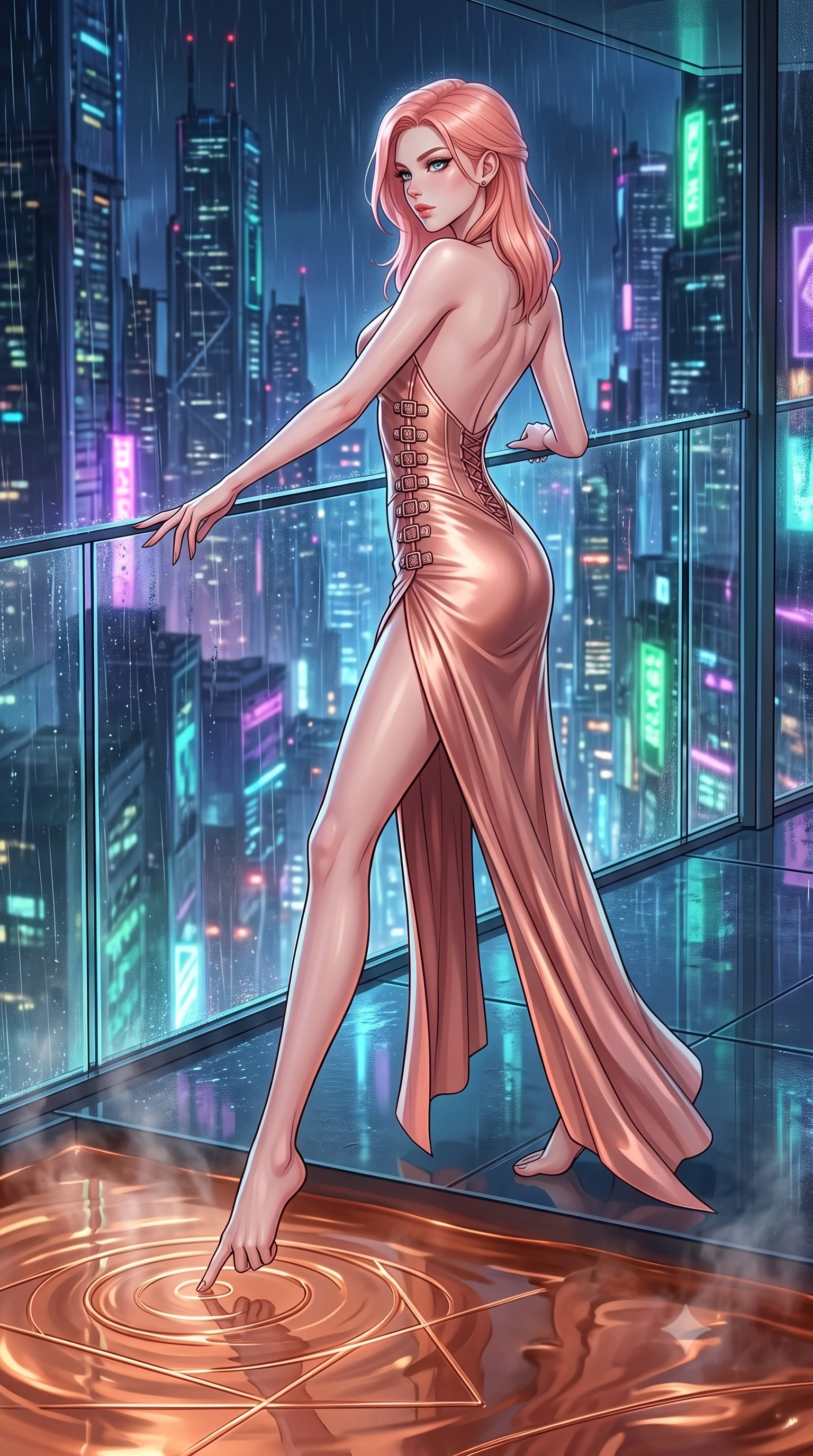 score_9, masterpiece, best quality, ultra-detailed, High-budget Anime Keyframe, East Asian woman. Dynamic full-body shot stretching the vertical silhouette to the limit. Scenario 532: tracing geometric patterns in a pool of warm liquid copper inside a minimalist glass balcony overlooking a rainy cyberpunk megacity. Her presence is magnetic and overpowering in this high-budget anime scene. Outfit 532: a slim-fit rose-gold liquid silk corset dress with a dramatic backless design and metallic buckles. The clothing is designed to emphasize her exceptionally tall and slender 8-heads proportion. 8-heads proportion, towering silhouette, ultra-slim waist. sharp v-shaped jawline, intricate jewel-like eyes with depth, thick eyelashes, glossy lips. 2k, ultra detail, master piece, 9:16 ratio
